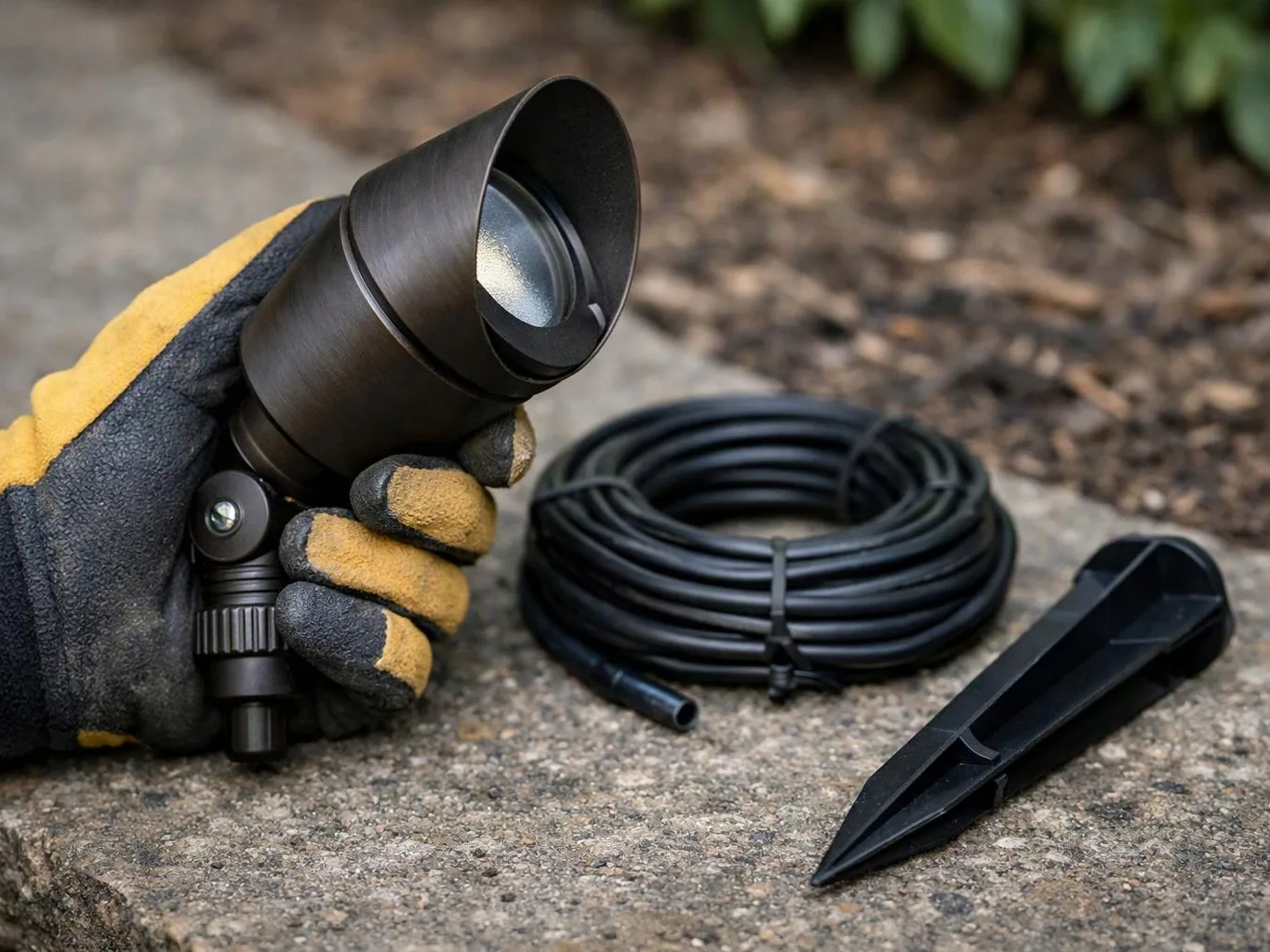 A gloved hand holds a black outdoor spotlight beside coiled cable and a ground stake on stone pavement