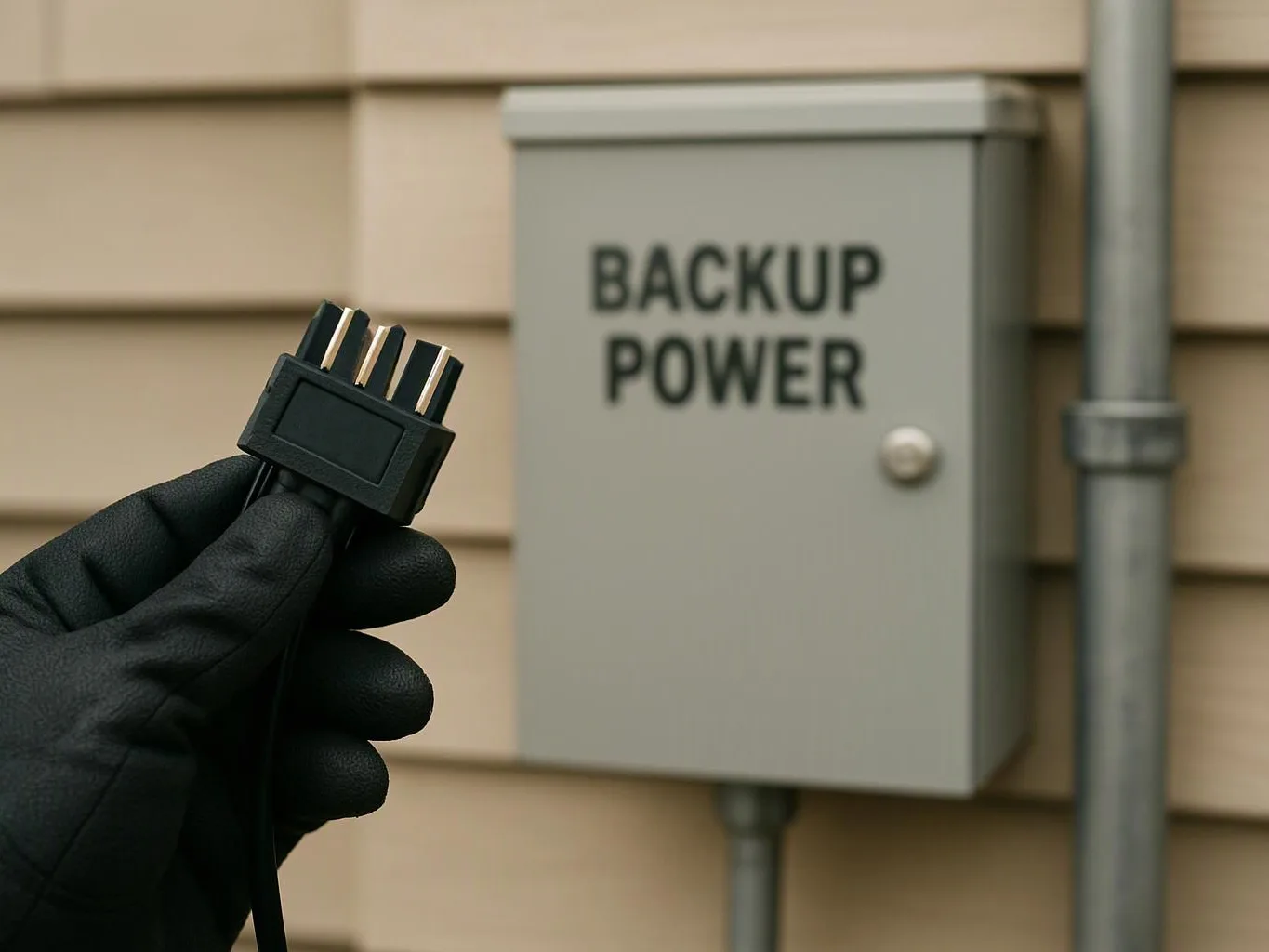 A gloved hand holds a black power connector in front of a wall-mounted box labeled “BACKUP POWER”