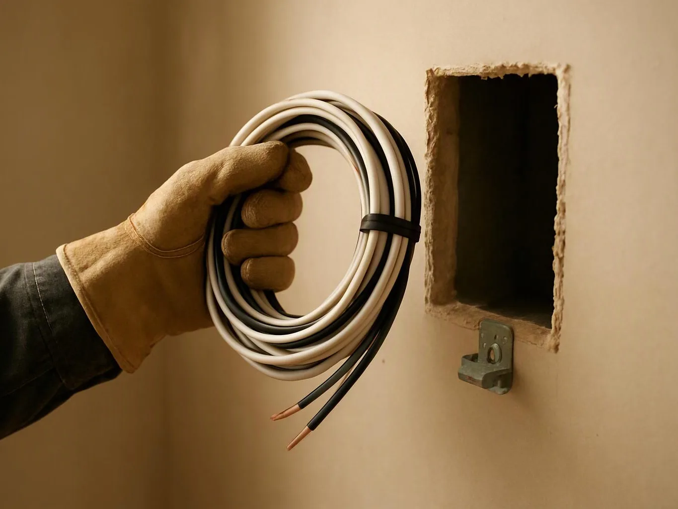 A gloved hand holds a coiled electrical cable beside a rough wall opening with a metal bracket