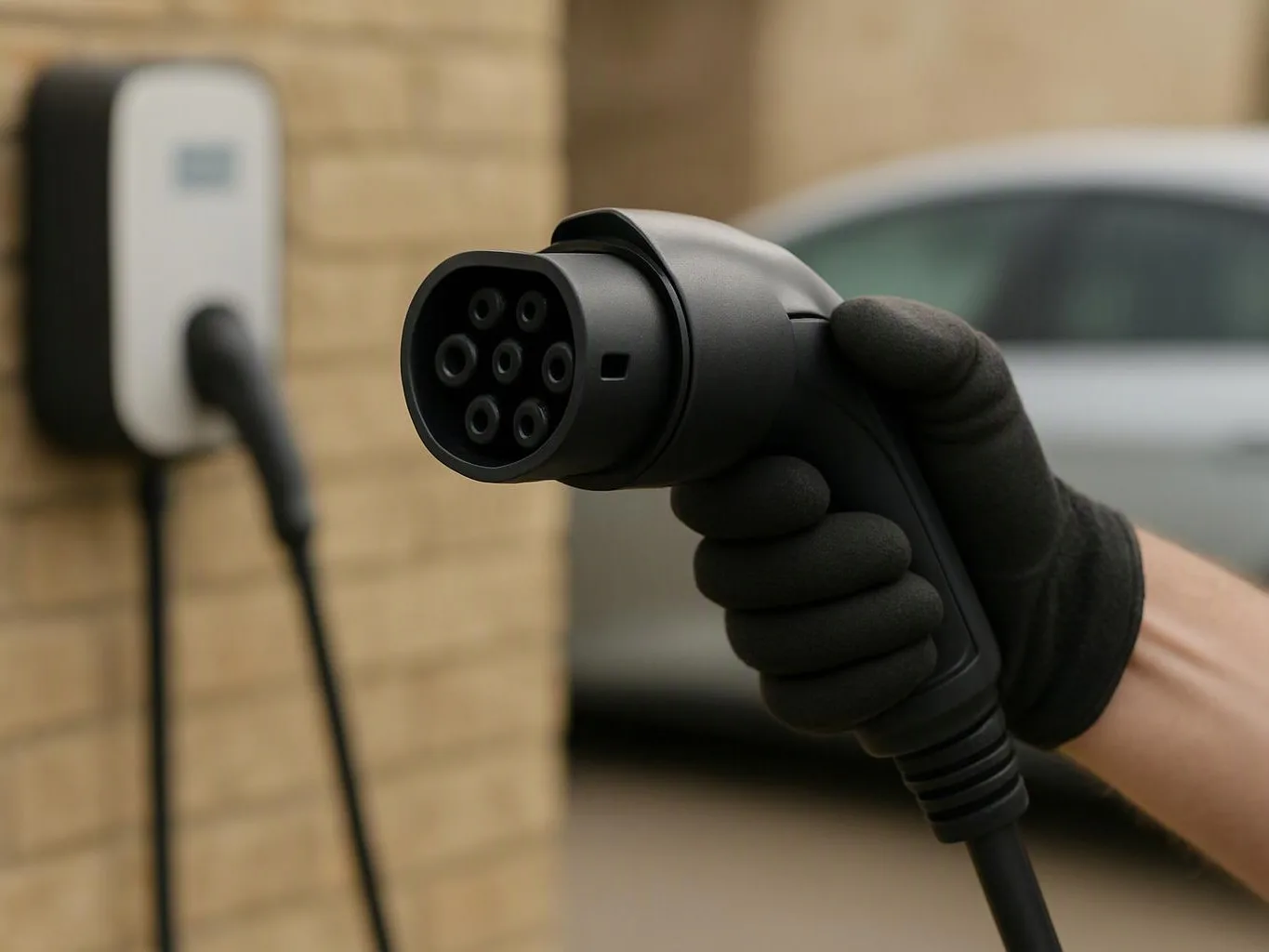 A gloved hand holds an electric car charging connector near a wall-mounted charger, with a car blurred behind it