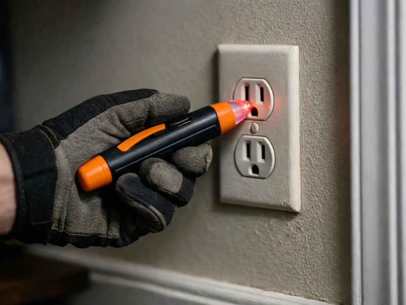 A gloved hand holds a glowing voltage tester to a wall outlet in a home interior