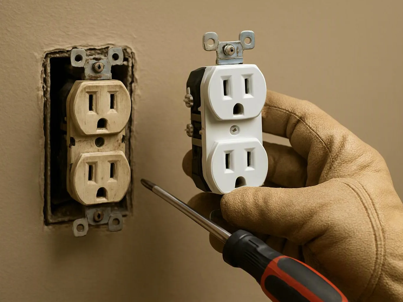 A gloved hand holds a new outlet beside an old wall socket while a screwdriver points at the opening