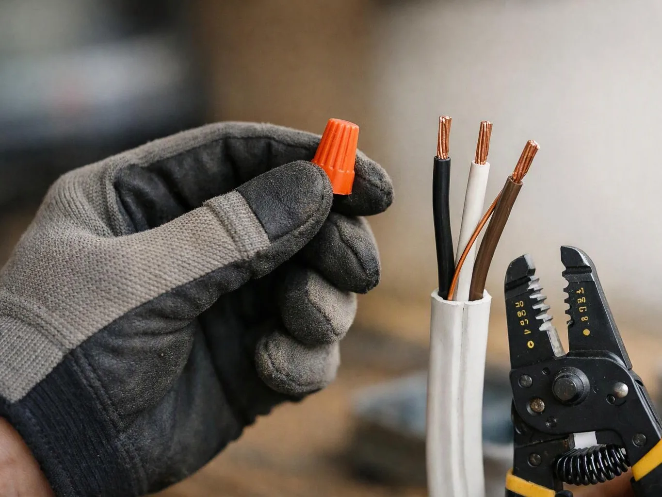A gloved hand holds an orange wire nut beside exposed electrical wires and a stripping tool