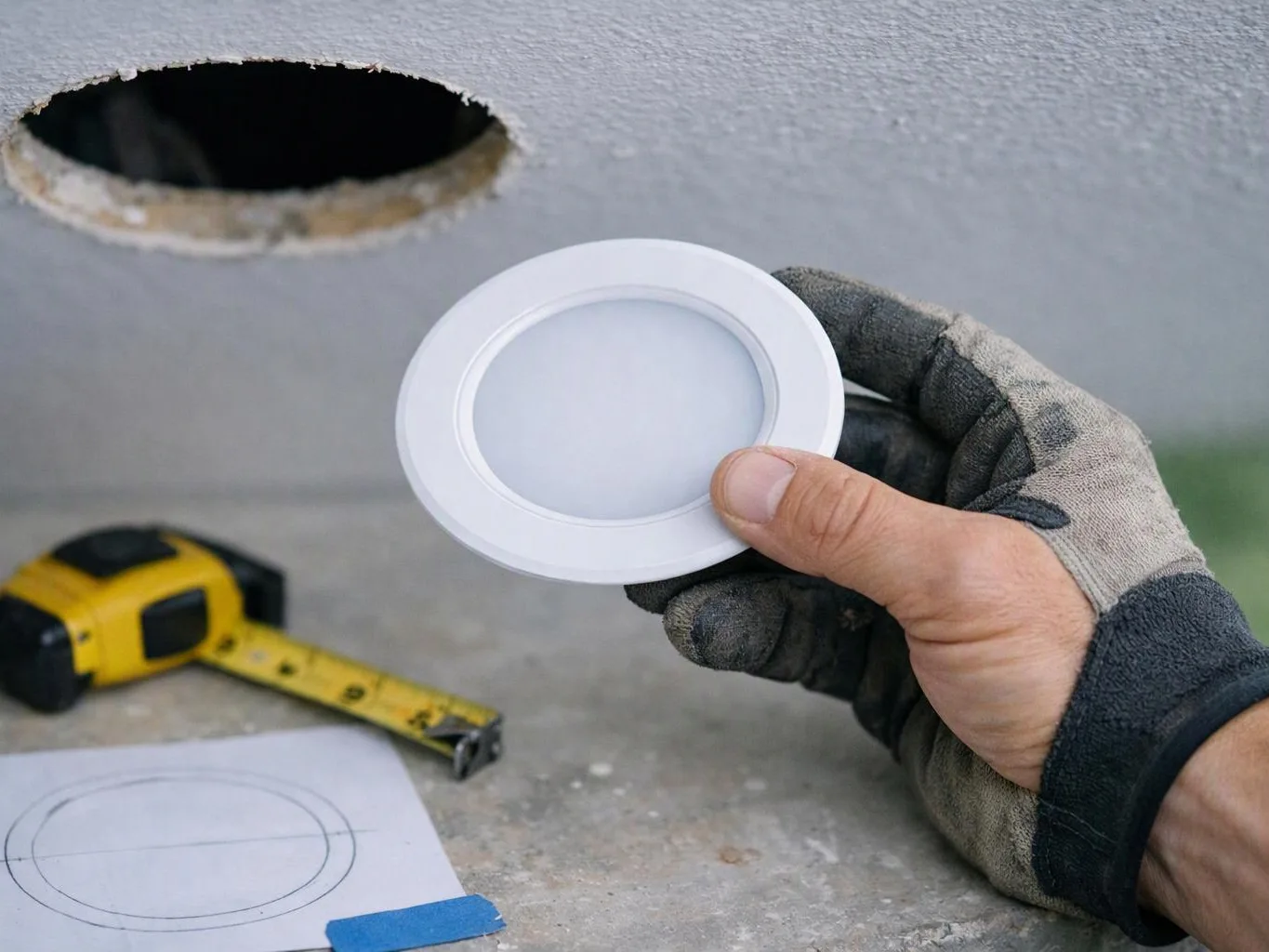 Gloved hand holds a round white recessed light trim beside a cut ceiling hole and tape measure
