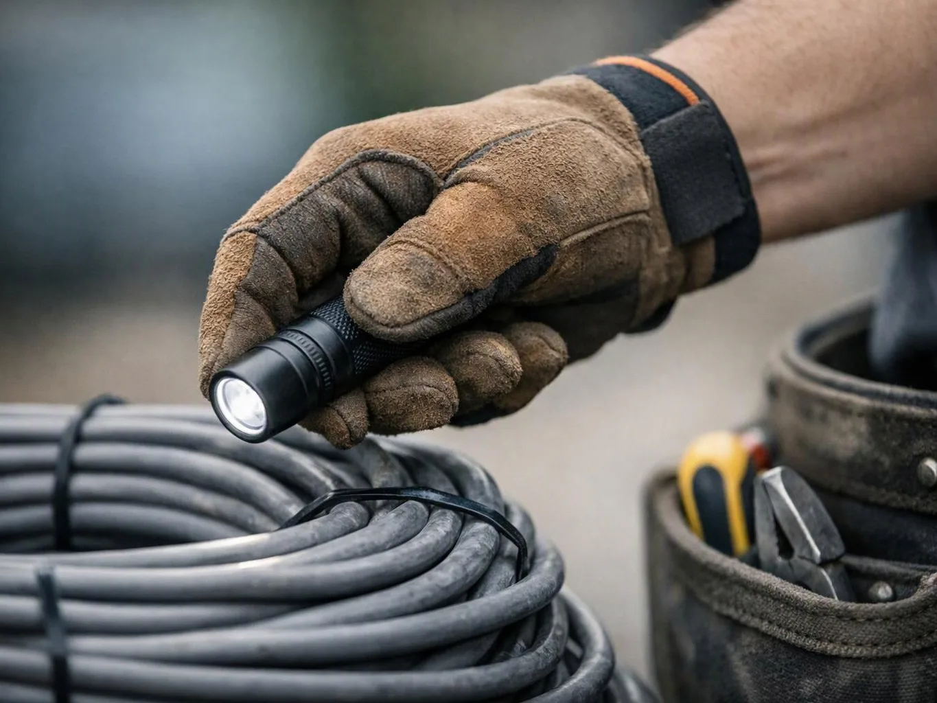 A gloved hand holds a small flashlight above coiled cables and a tool pouch, in a workshop setting