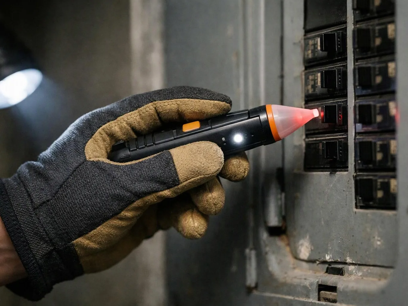 A gloved hand holds a voltage tester against a circuit breaker panel in a dim utility space