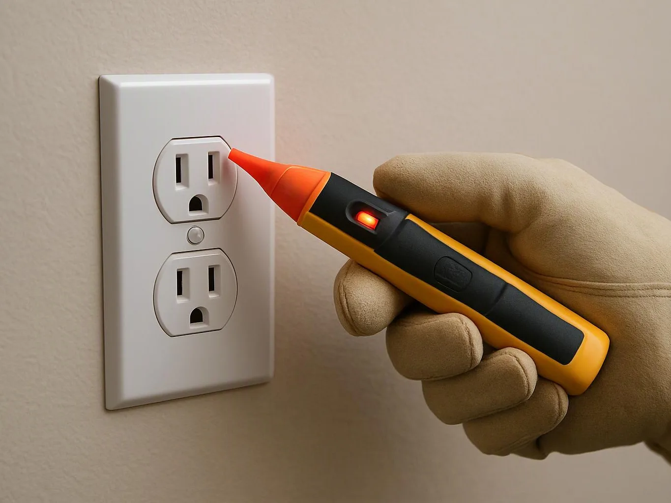 A gloved hand holds a voltage tester near a wall outlet with a red light glowing