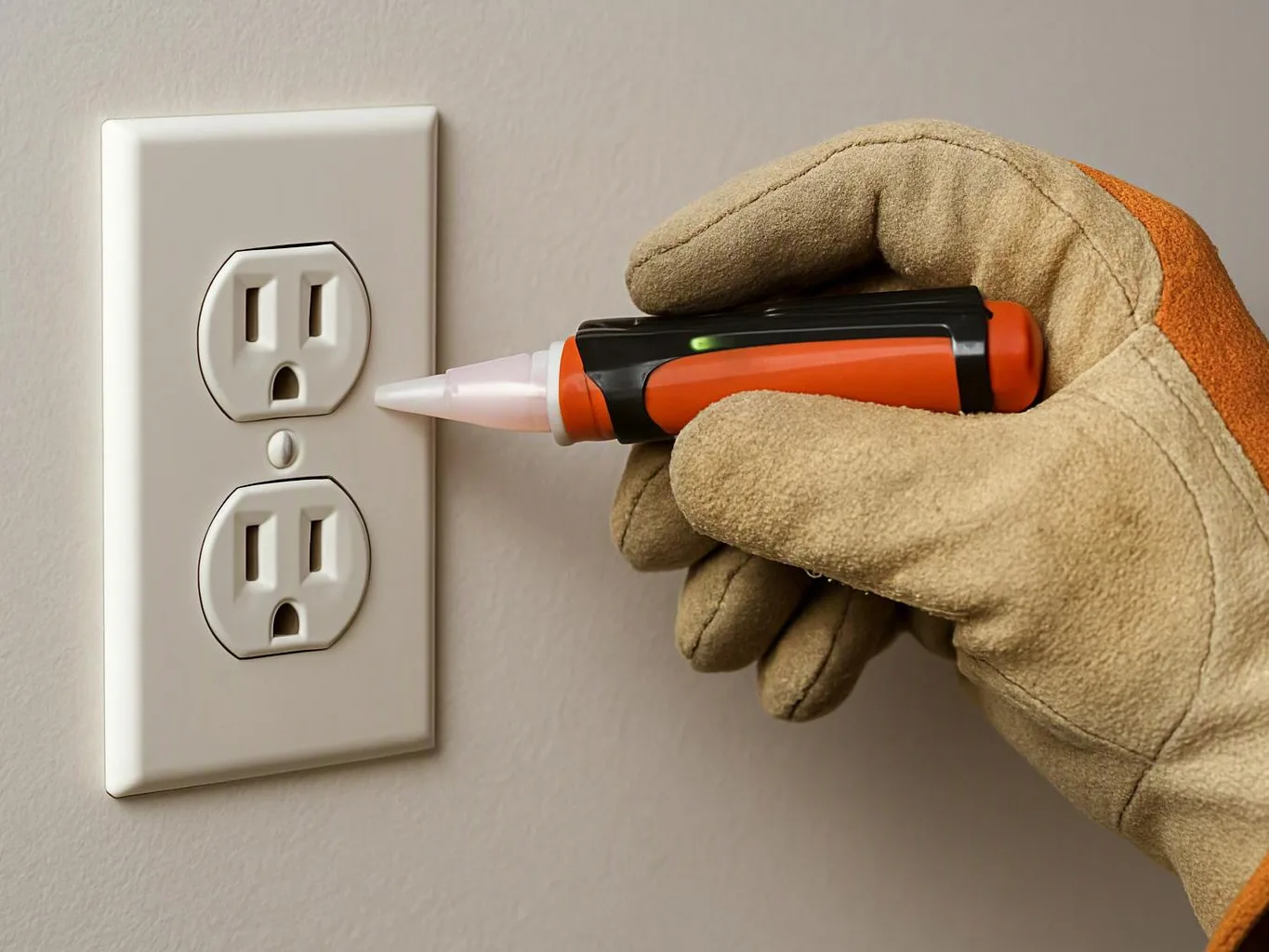 A gloved hand holds a voltage tester near a wall outlet on a plain indoor wall