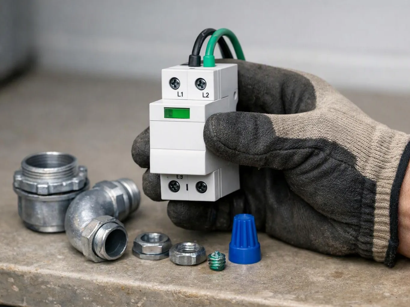 A gloved hand holds a white electrical module beside metal conduit fittings and small hardware on a workbench