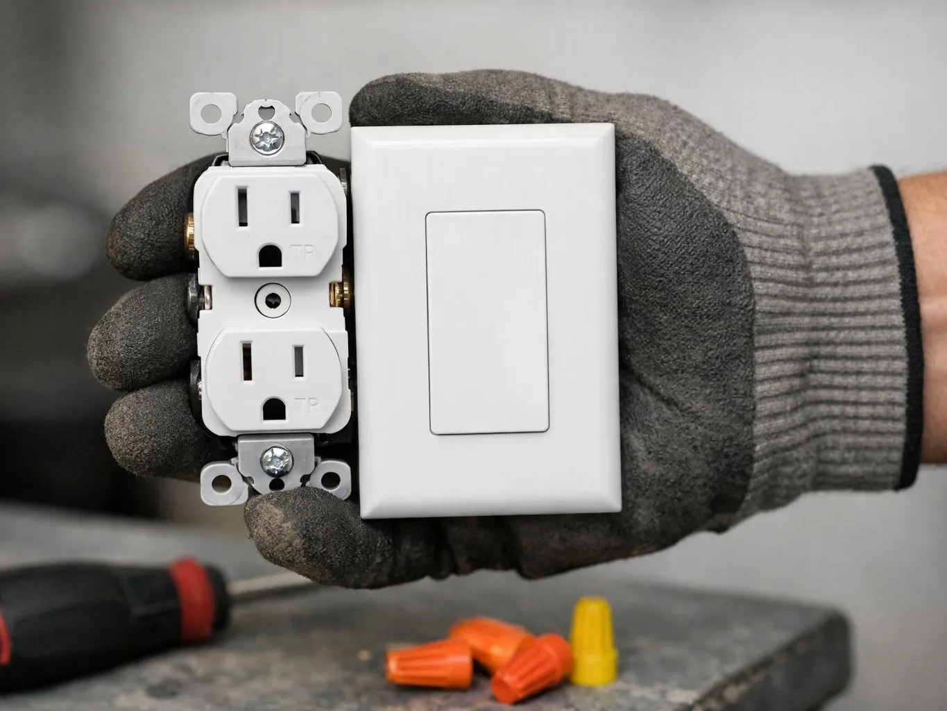 A gloved hand holds a white light switch beside a duplex electrical outlet on a work surface