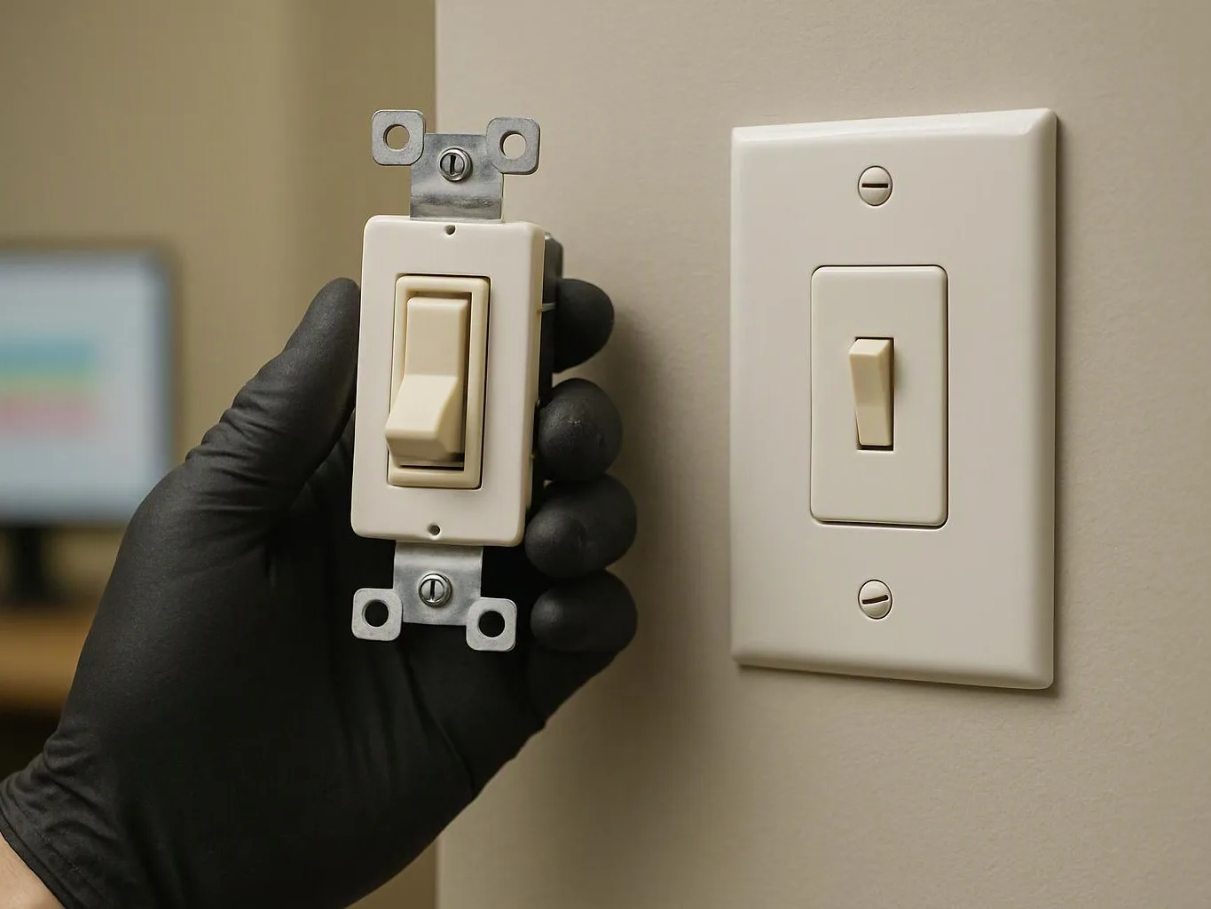 A gloved hand holds a white light switch beside another switch mounted on a beige wall