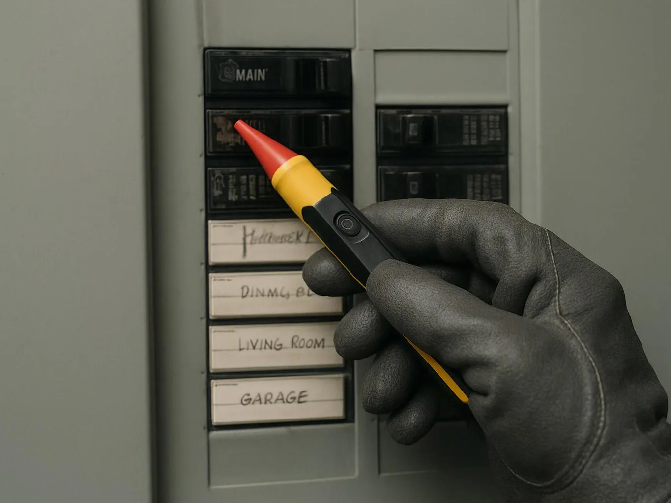A gloved hand points a red-tipped tester at a home electrical breaker panel with labeled switches