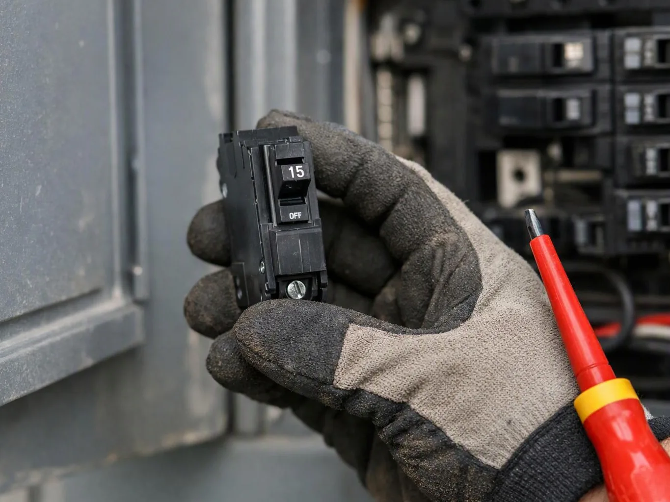 Gloved hands hold a 15-amp circuit breaker and a red screwdriver beside an open electrical panel