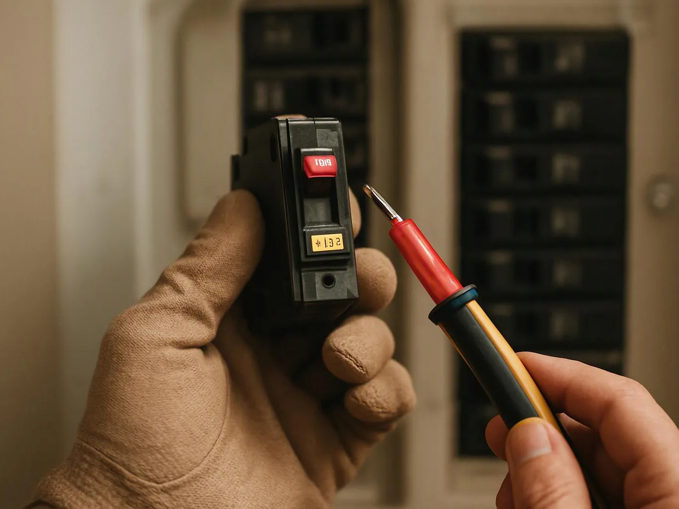 Gloved hands hold a circuit breaker and a voltage tester in an electrical panel area