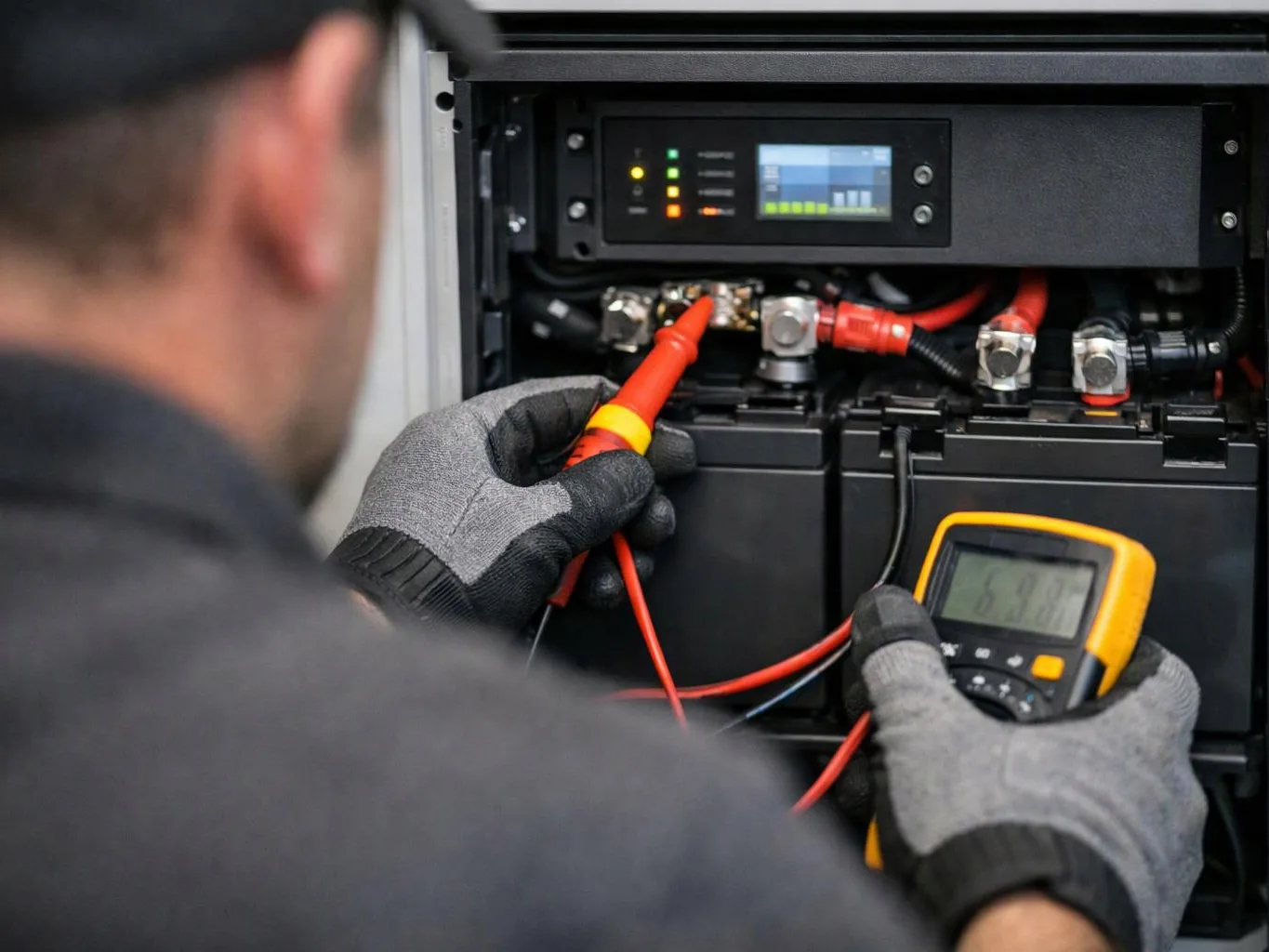 A gloved technician tests wiring inside an electrical battery cabinet with a digital multimeter