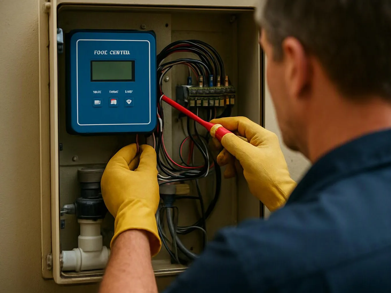 A gloved worker adjusts wires inside an open control box with a blue panel and red screwdriver
