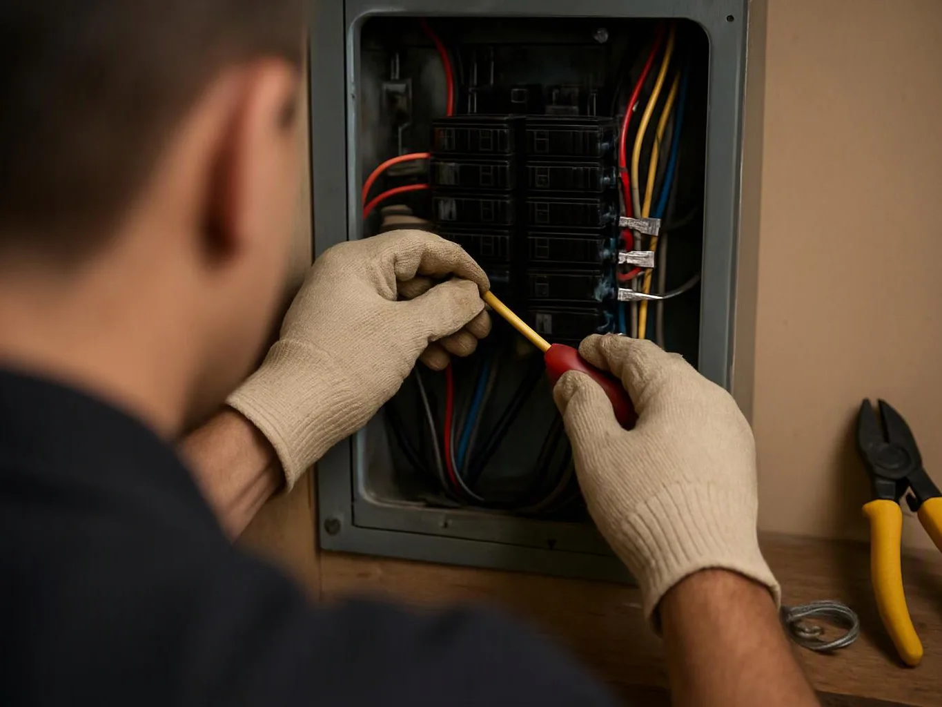 A gloved worker checks wiring inside an open electrical panel with a screwdriver, pliers rest on the bench