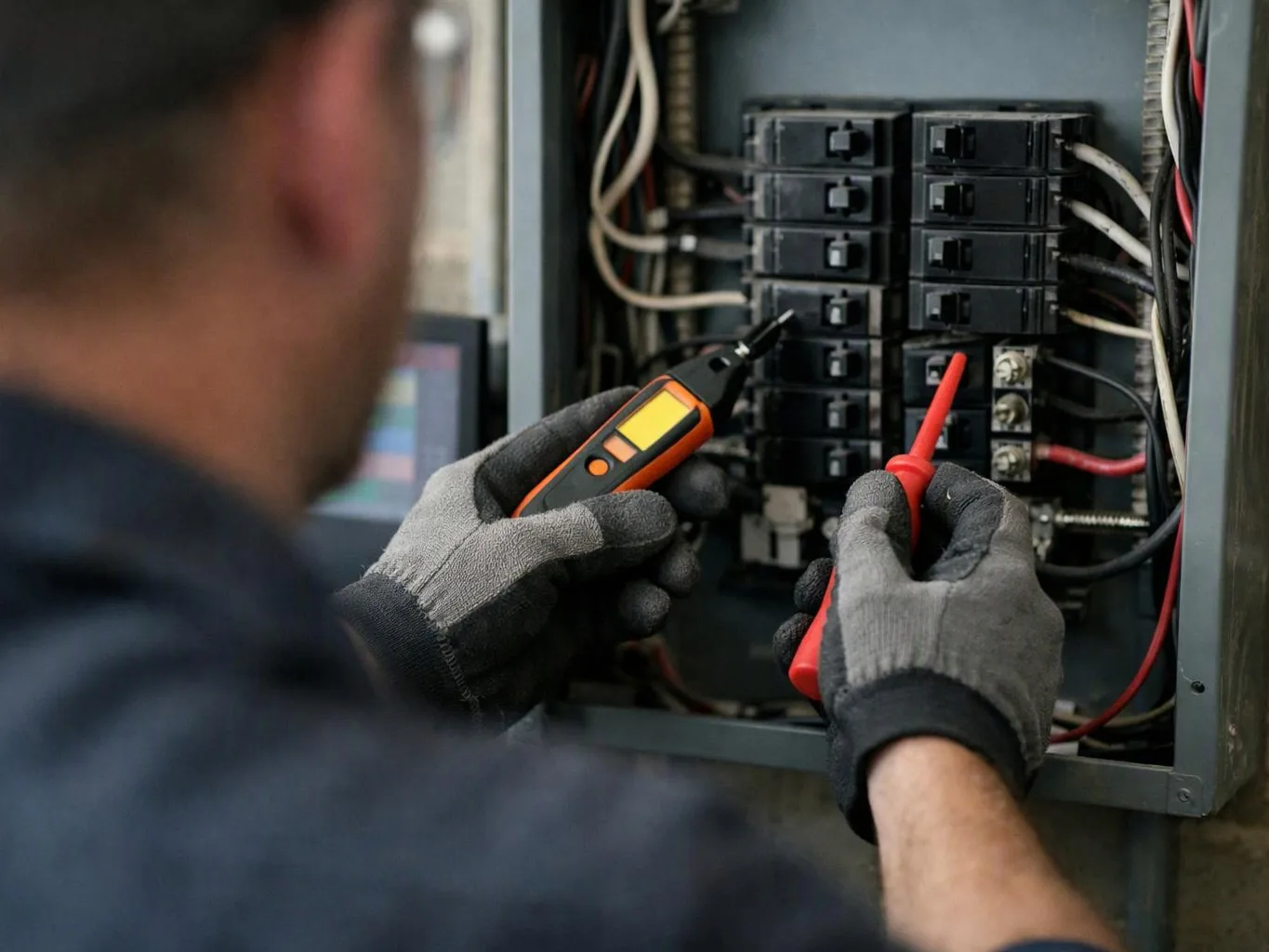 A gloved worker tests electrical breaker panels with a meter and probe in an open cabinet