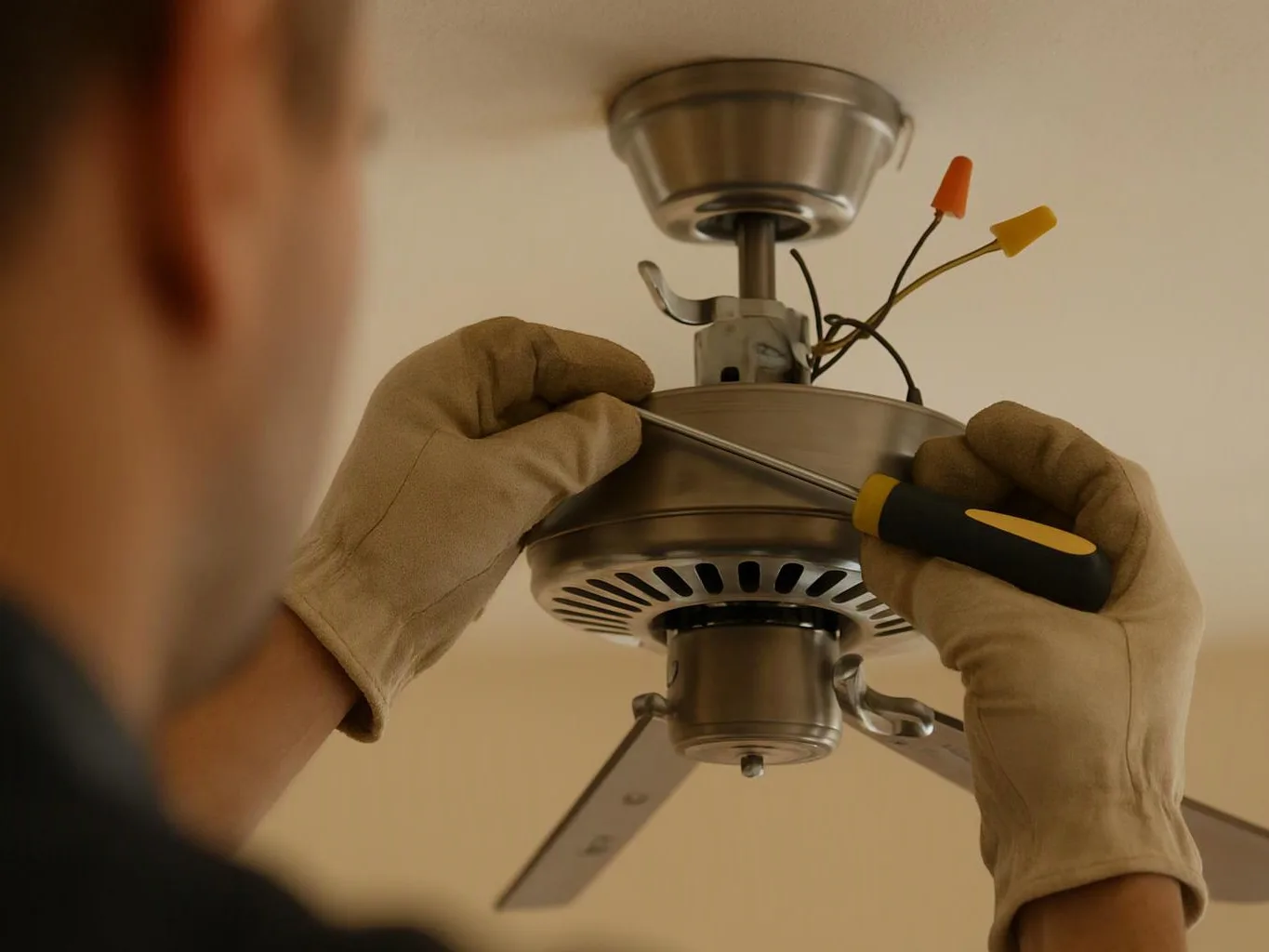 A gloved worker tightens a ceiling fan with a screwdriver, wires exposed against a plain indoor ceiling