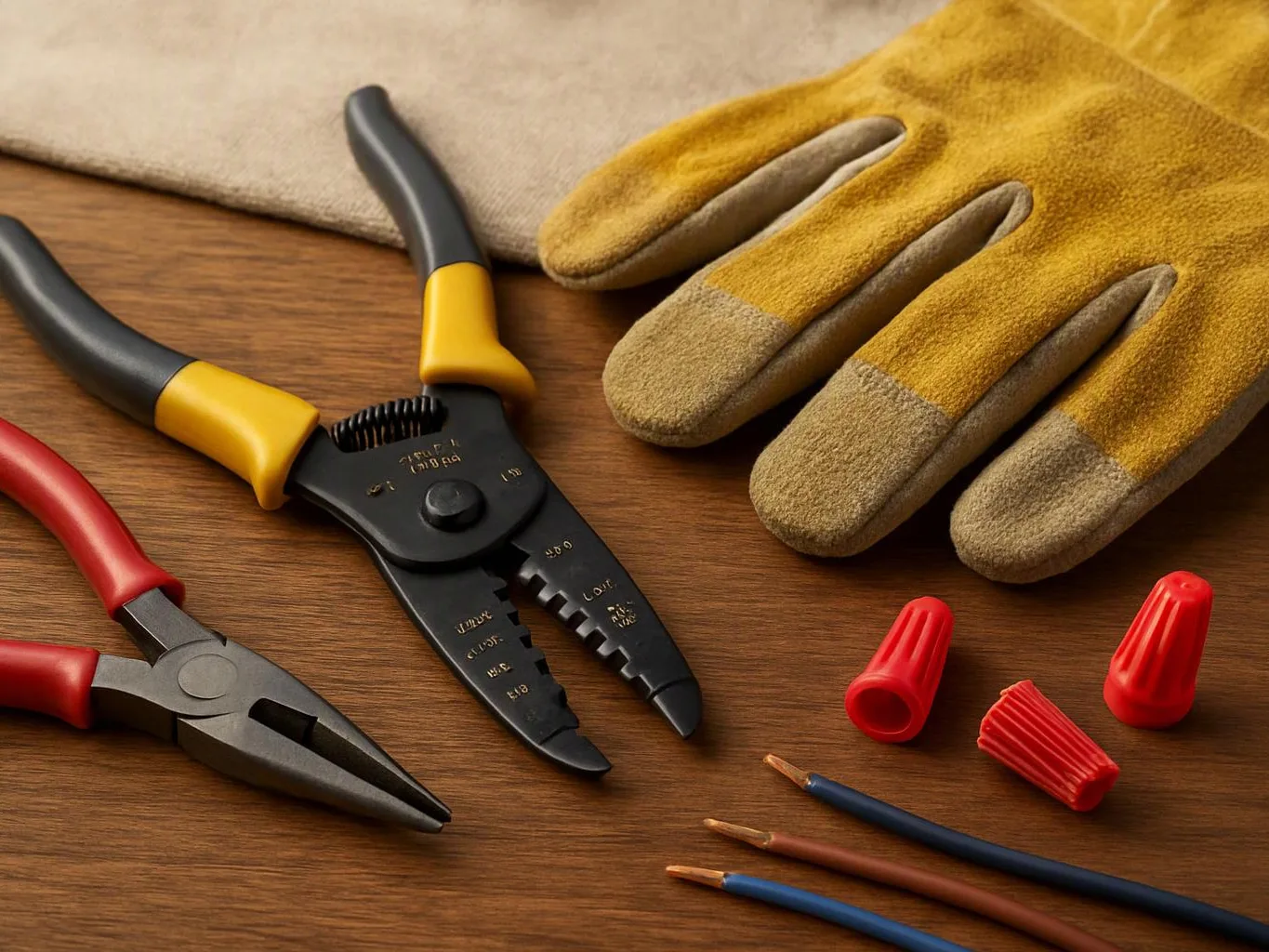 Gloves, wire strippers, pliers, wire nuts, and stripped electrical wires lie on a wooden work surface