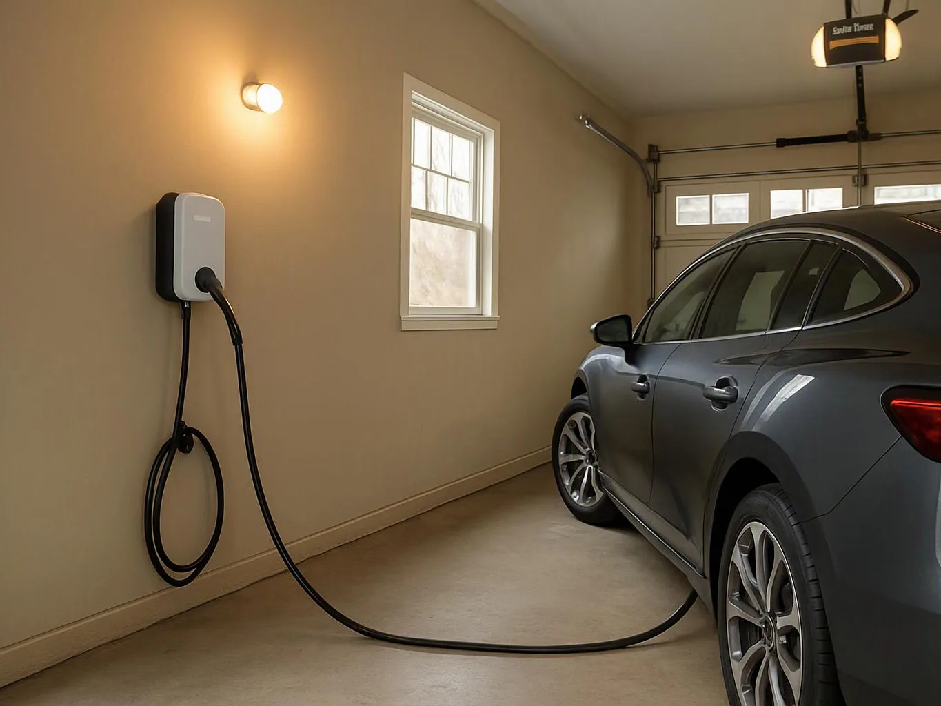 A gray car is parked in a garage and plugged into a wall-mounted electric charger