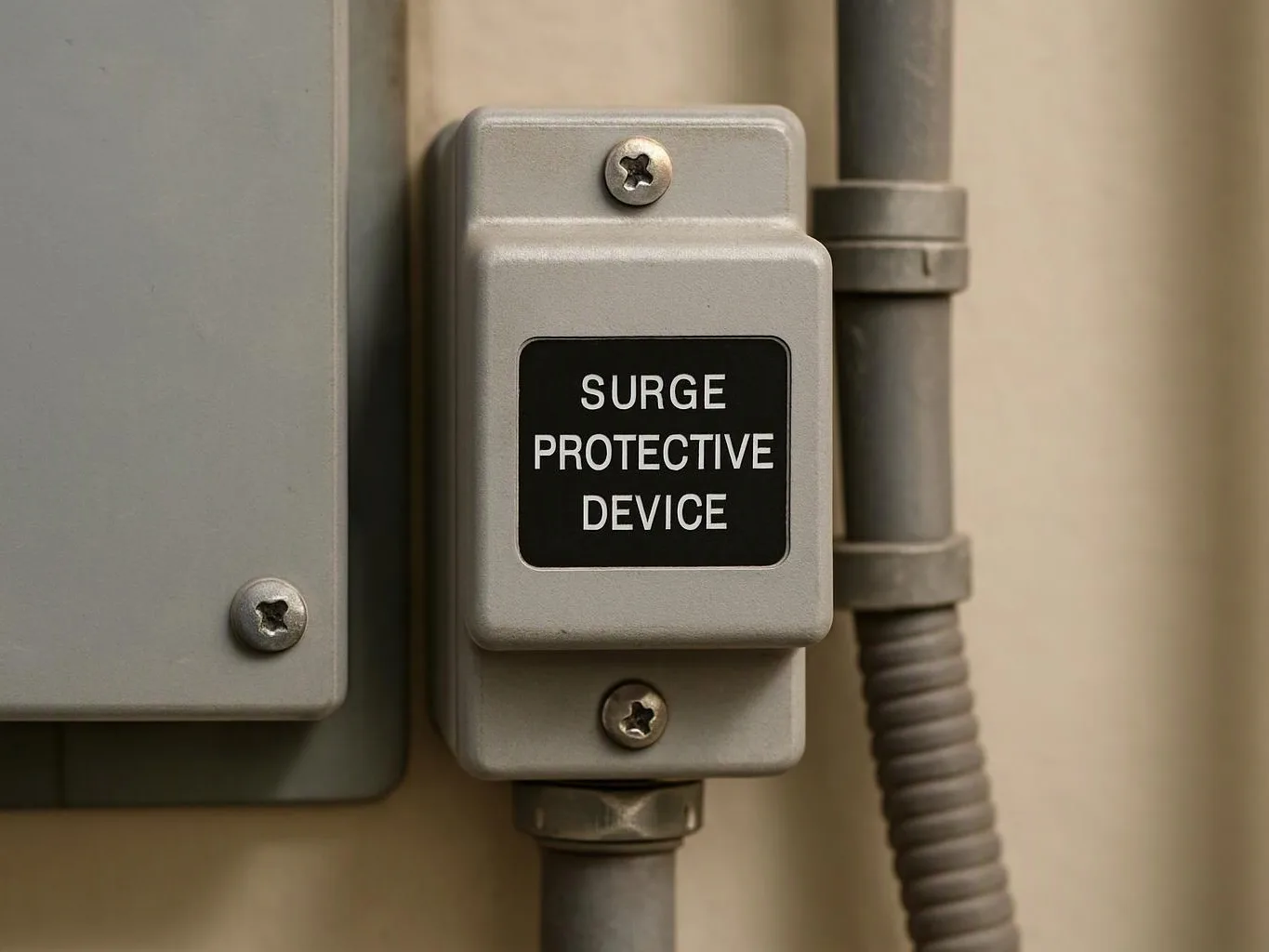 A gray electrical box labeled surge protective device is mounted beside conduit and screws
