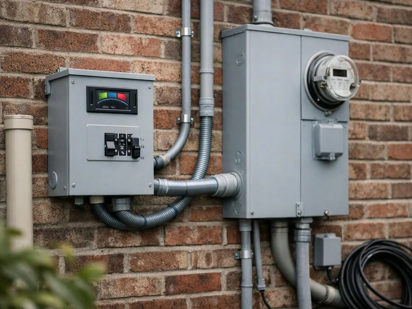 Gray electrical meter boxes and conduit are mounted on a brick wall, with a coiled cable below