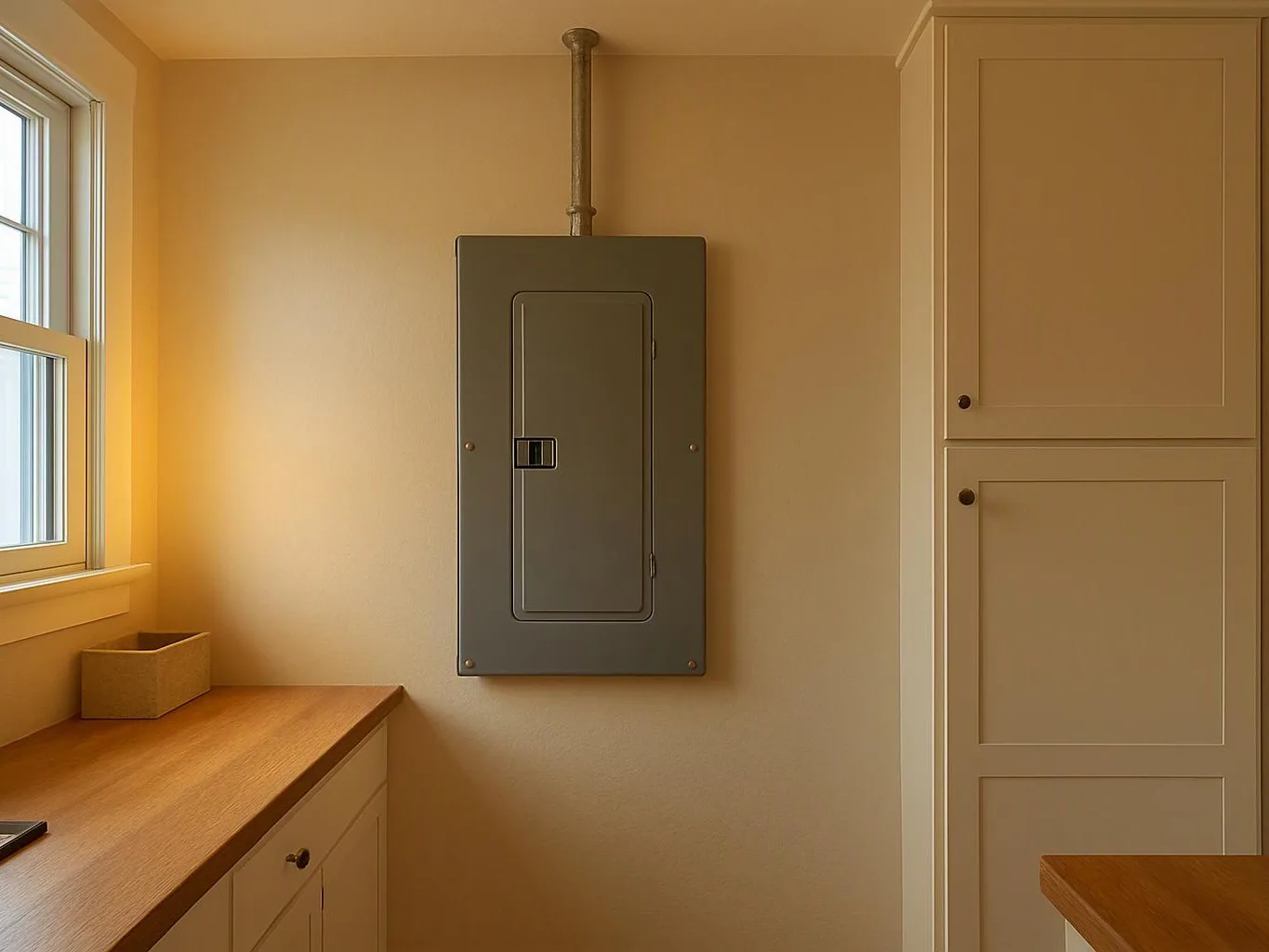 A gray electrical panel sits on a beige wall beside a window and built-in cabinets