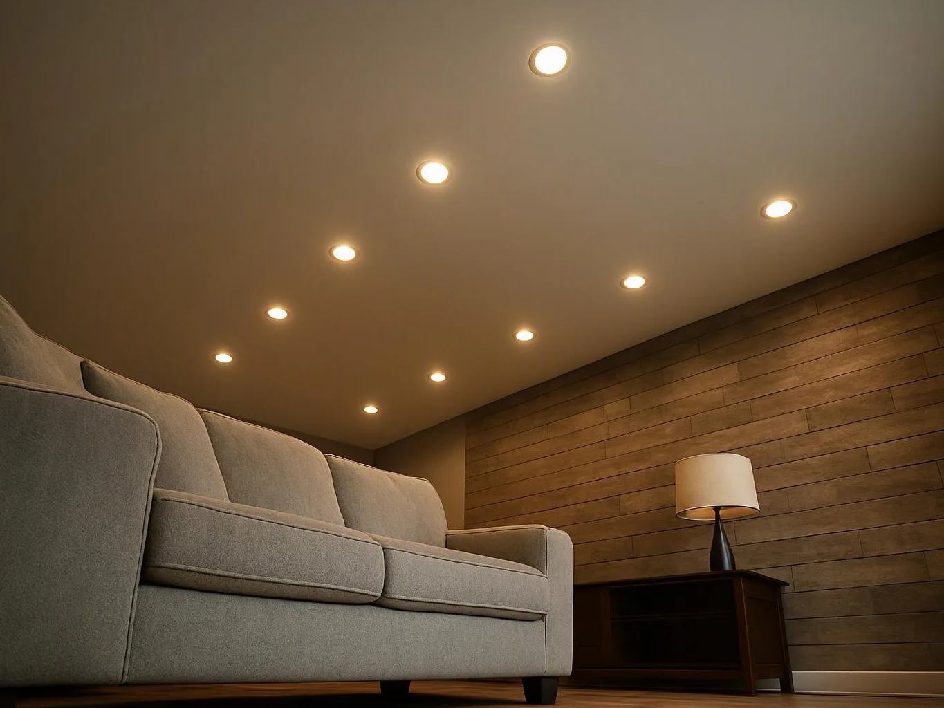 A gray sofa sits in a cozy room with recessed ceiling lights, wood paneling, and a lamp on a side table