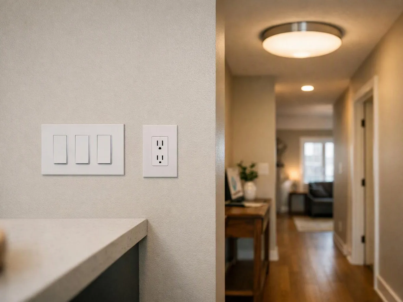 A hallway view shows light switches, an outlet, and a warm lit room beyond with wood floors and furniture