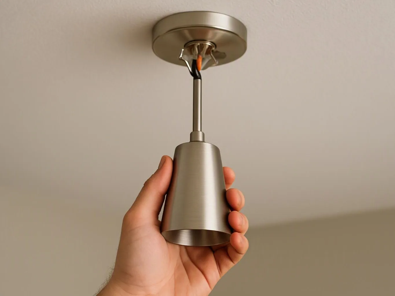 A hand holds a brushed metal pendant light fixture hanging from the ceiling