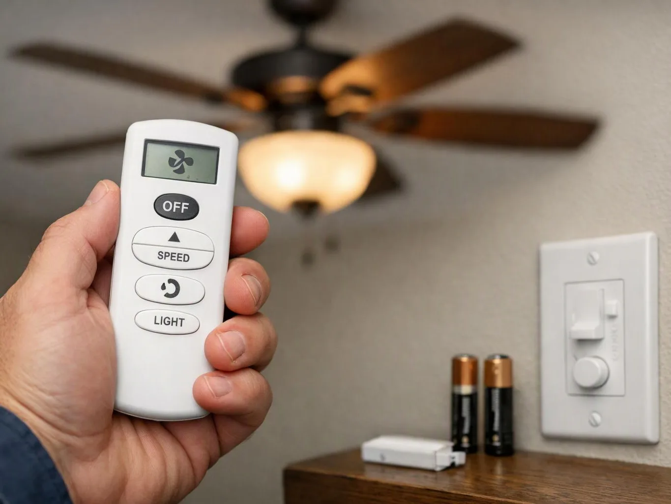 A hand holds a ceiling fan remote near a spinning fan and wall control switch