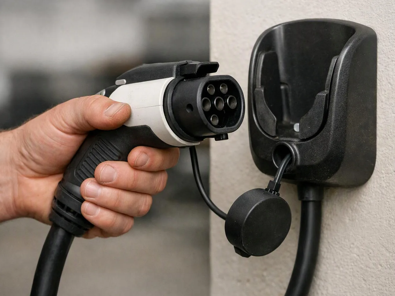 A hand holds an electric vehicle charging plug near a wall-mounted charging socket with a protective cap