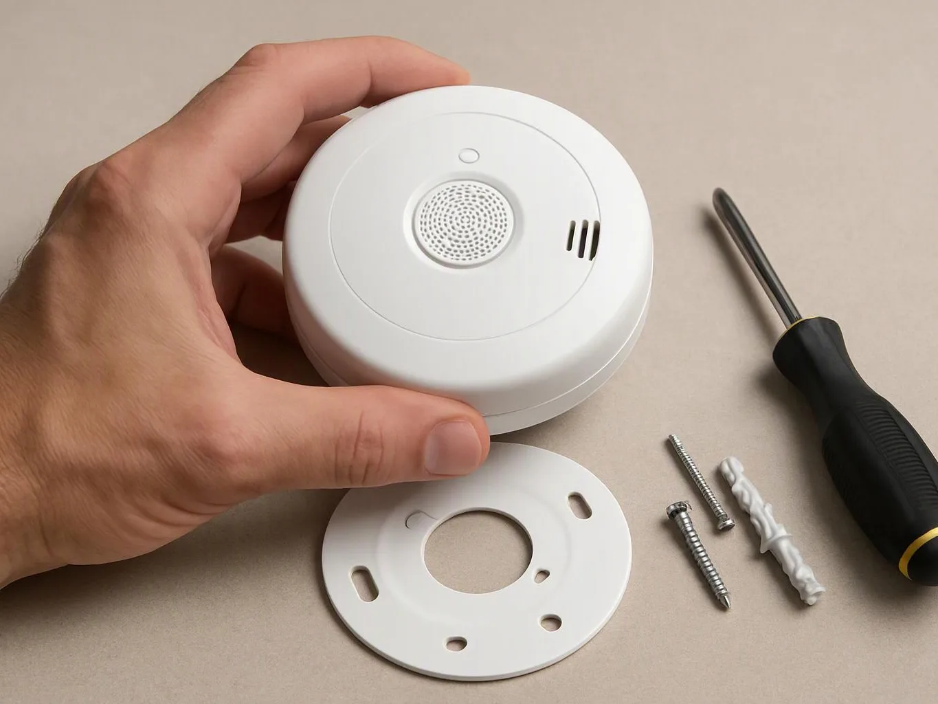 A hand holds a round white device beside a mounting plate, screws, wall plug, and screwdriver on a beige surface