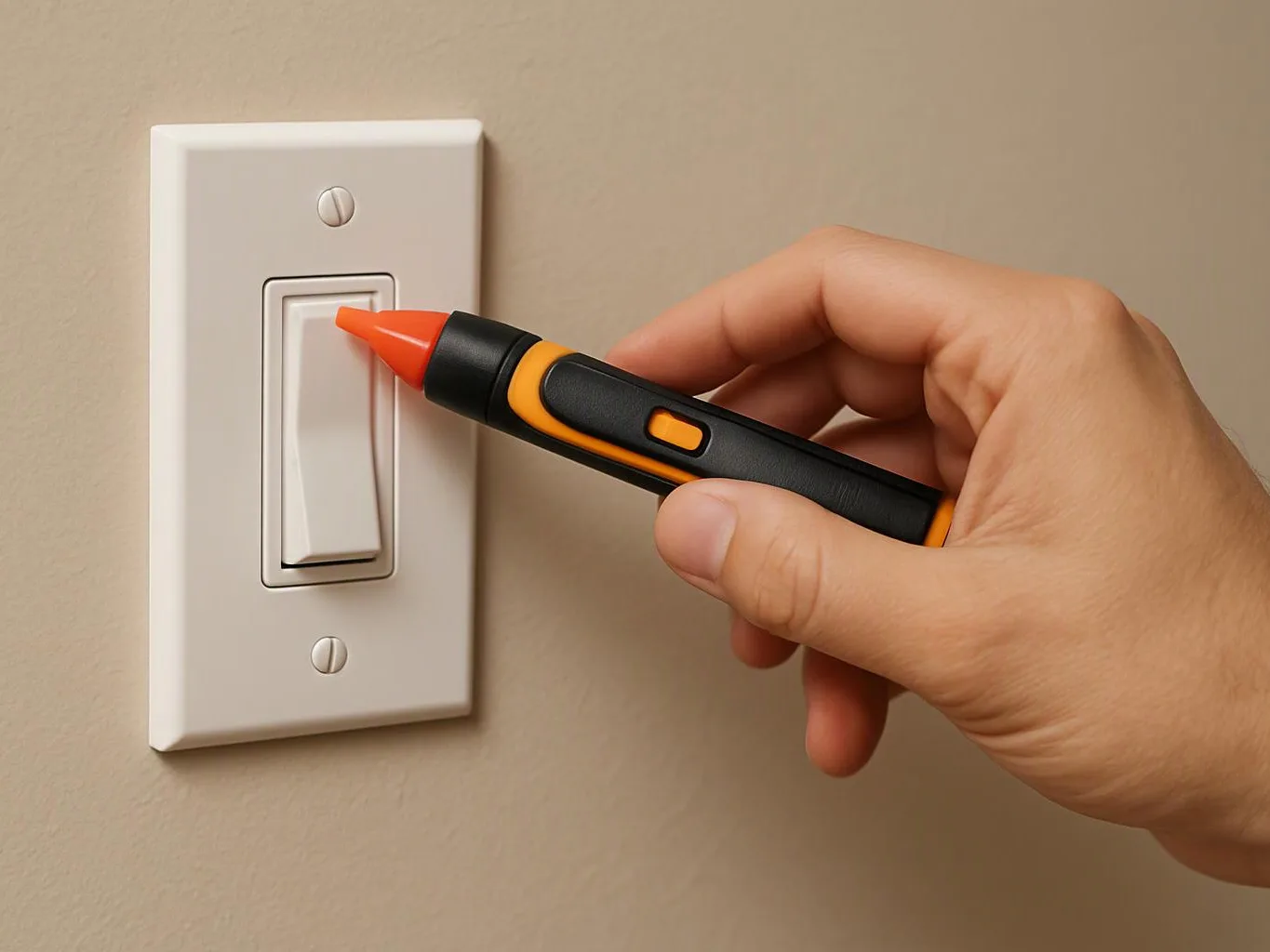 A hand holds a voltage tester near a wall light switch on a beige wall