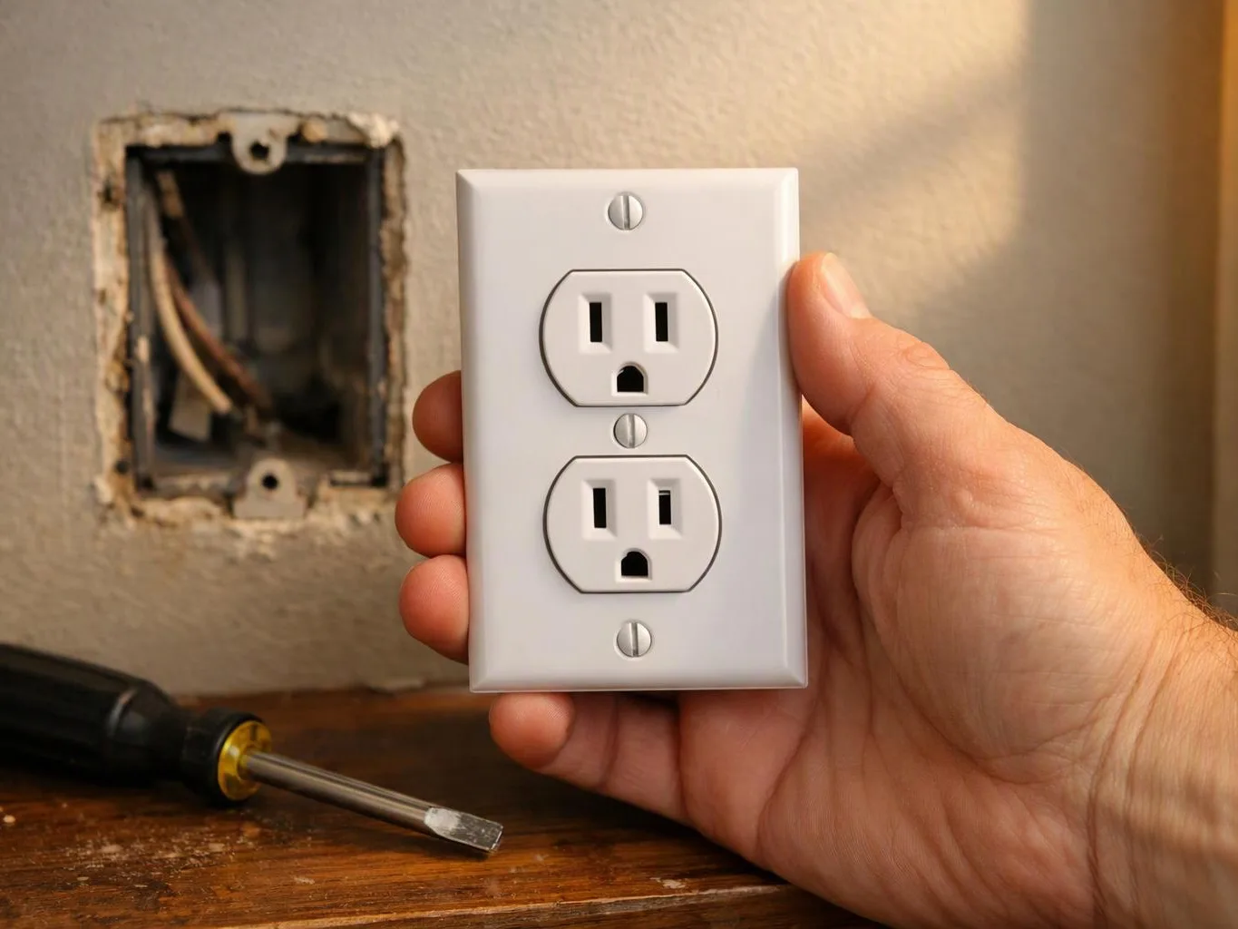 A hand holds a white duplex outlet cover beside an open wall electrical box and a screwdriver on a wooden surface