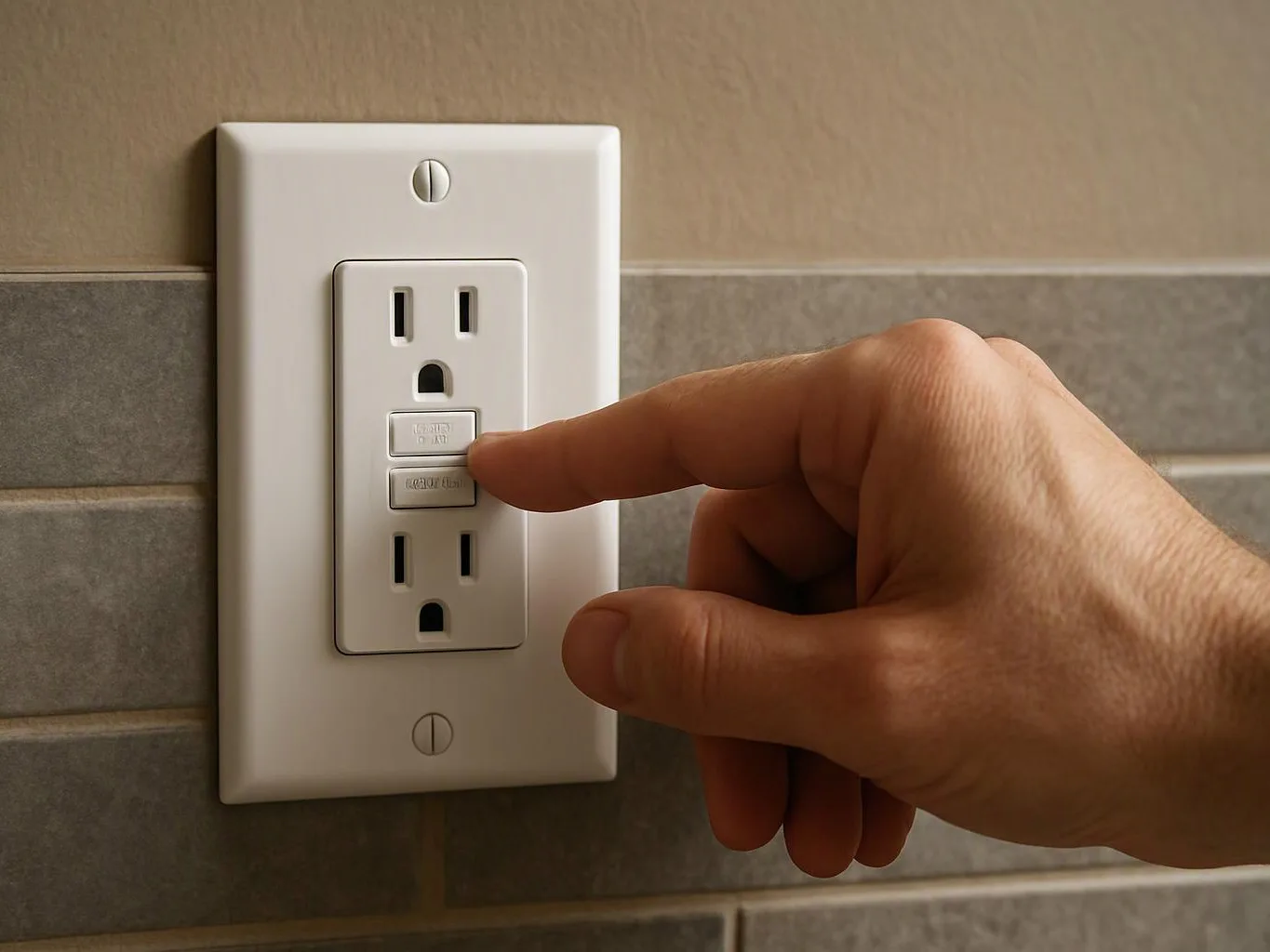A hand presses the test button on a white wall outlet above tiled backsplash