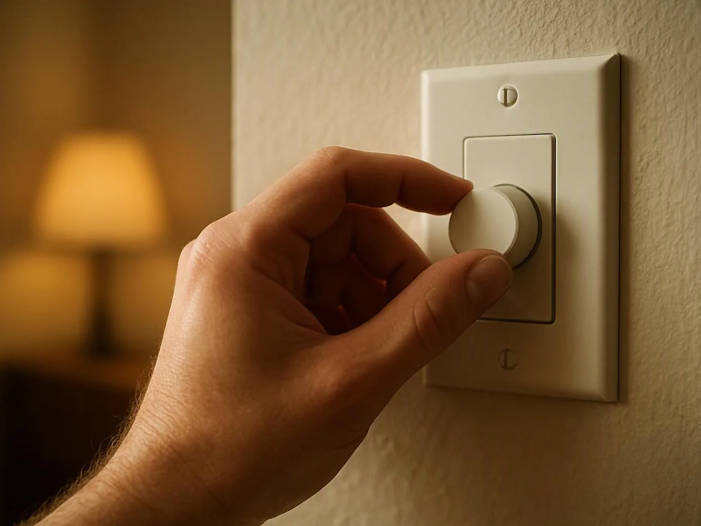 A hand turns a wall dimmer switch beside a softly glowing lamp in a warm room