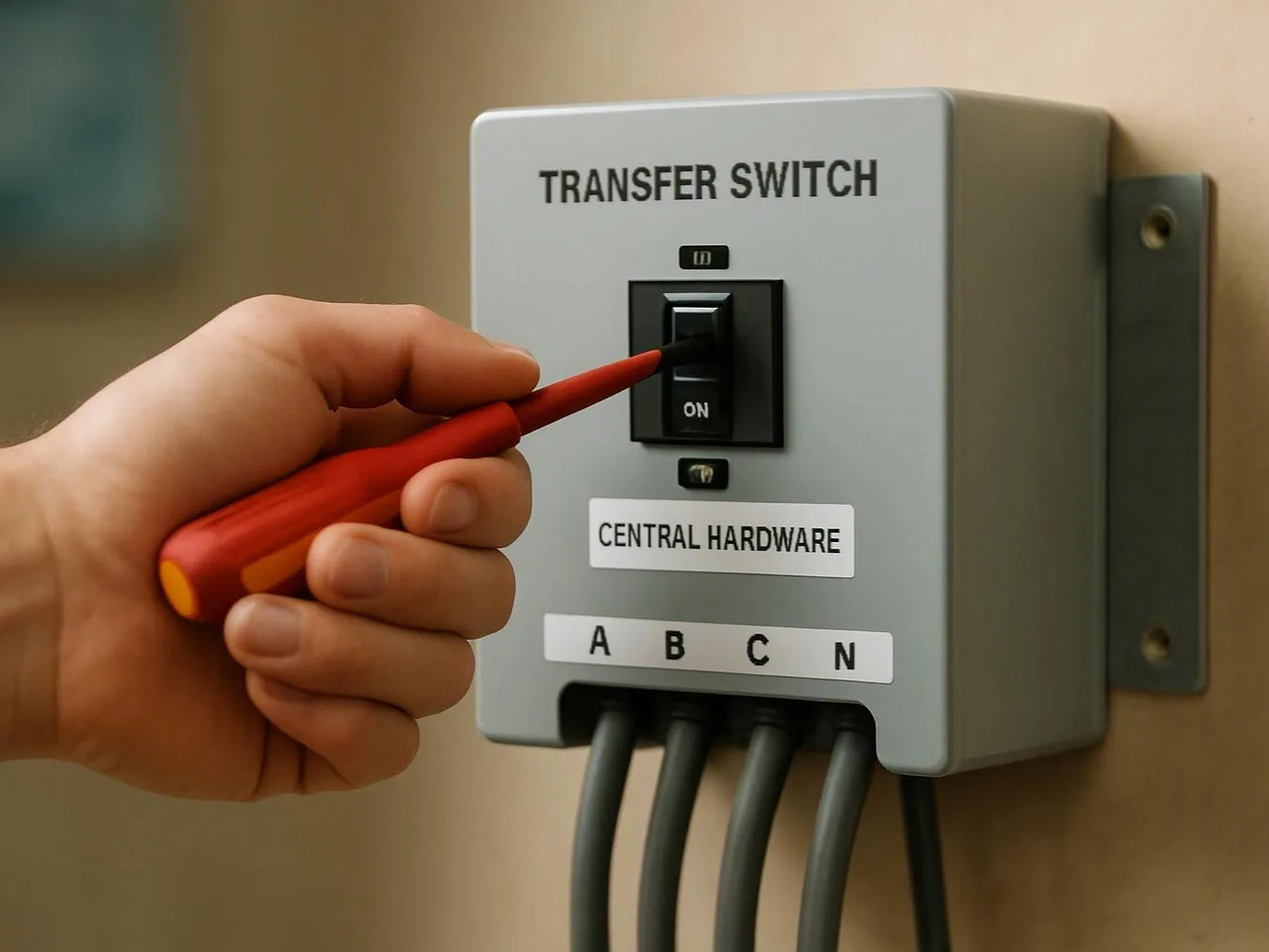 A hand uses a screwdriver to flip an on switch on a labeled transfer switch box