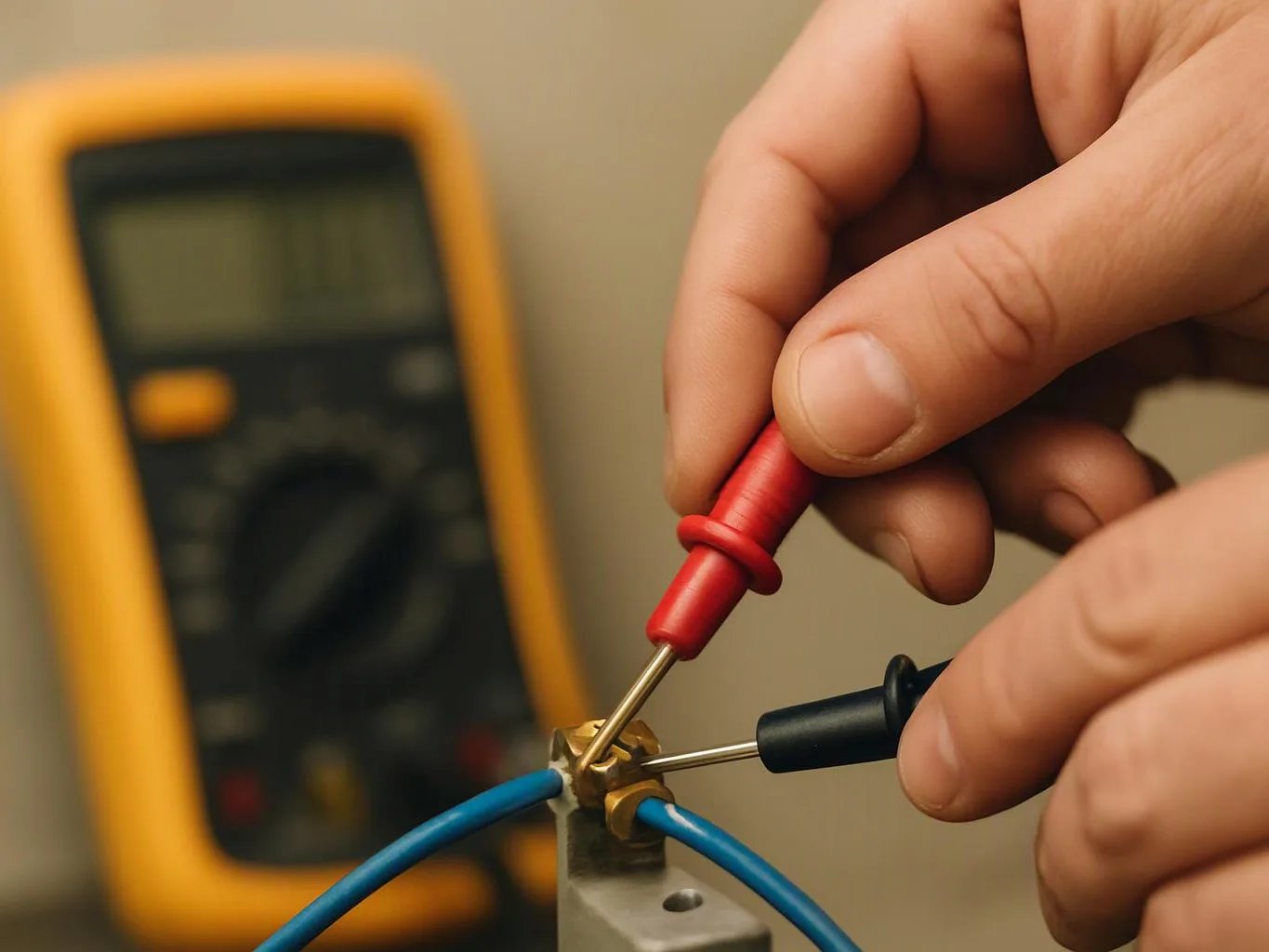 Hands connect multimeter probes to a brass wire joint, with the meter blurred in the background