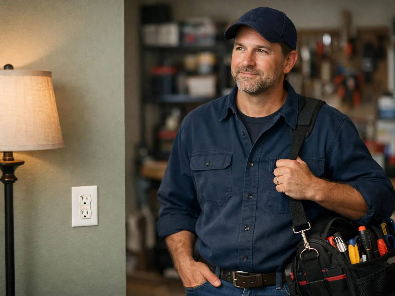 A handyman in a navy cap stands indoors holding a tool bag beside a lit lamp and wall outlet