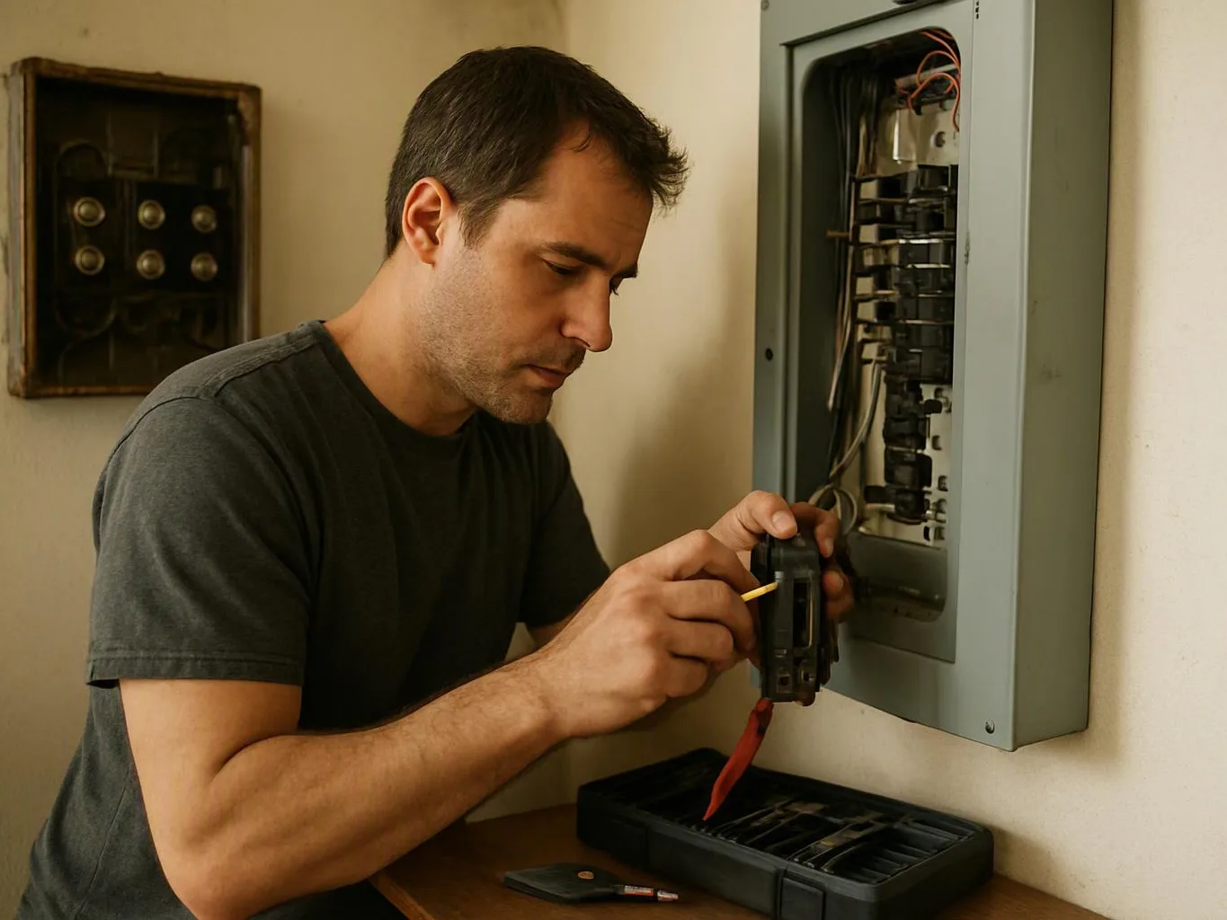 A man works on an open electrical breaker panel, holding a tool beside the wiring indoors