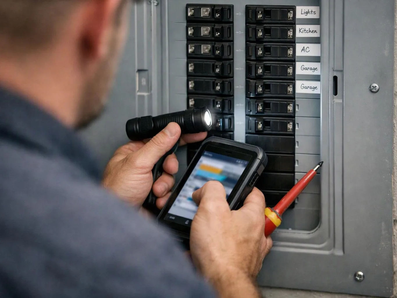 A person inspects an electrical breaker panel with a flashlight, phone, and screwdriver, with circuit labels visible