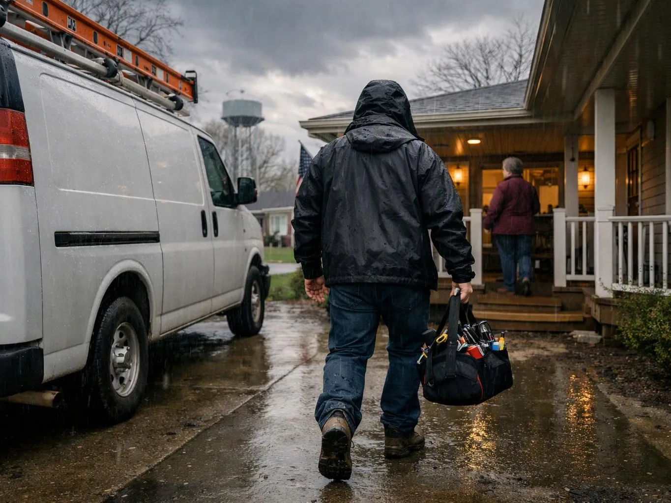A hooded worker walks toward a house in the rain carrying a tool bag beside a white van