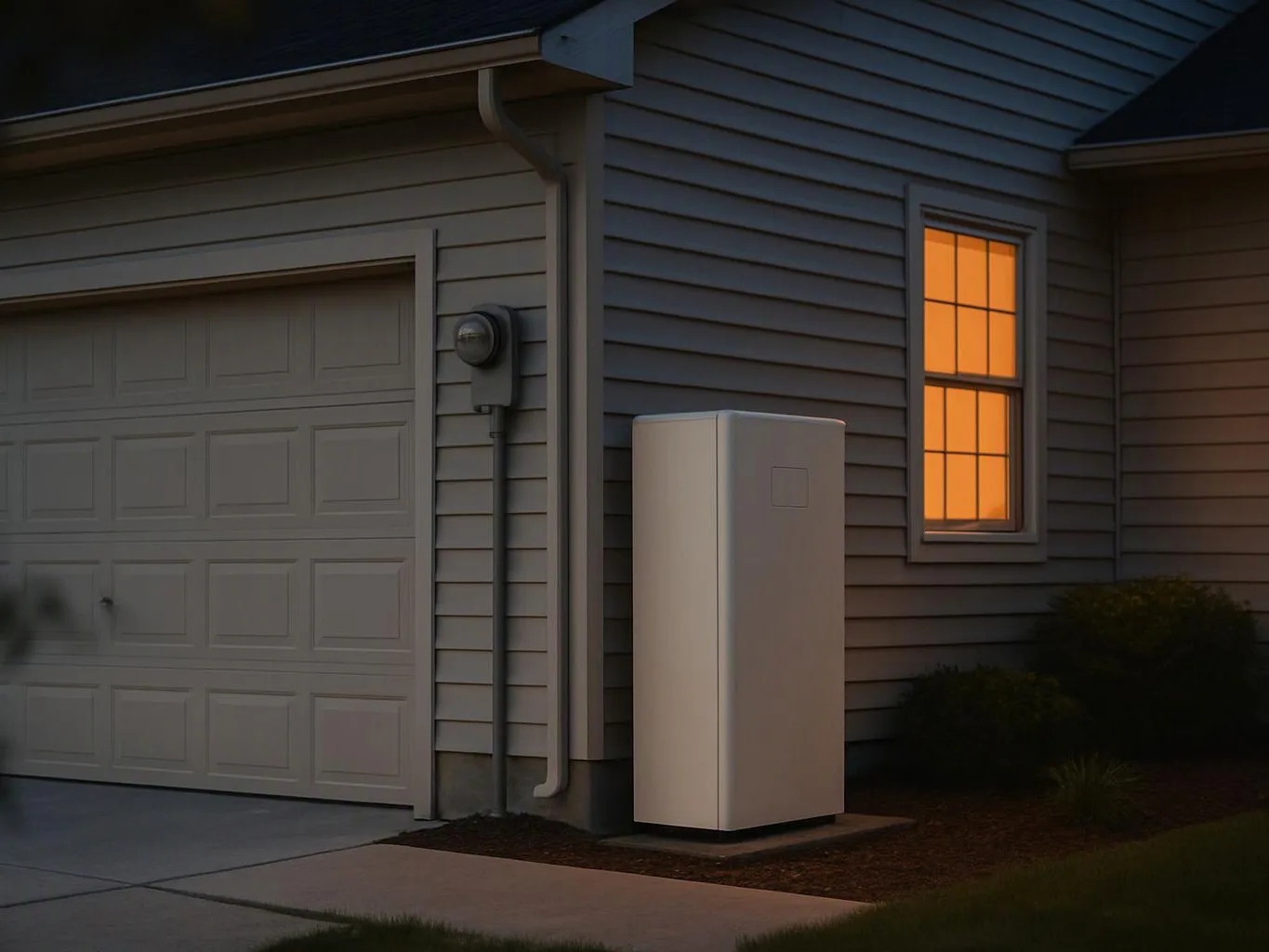 A house exterior at dusk shows a garage, lit window, and a tall white utility cabinet beside the wall