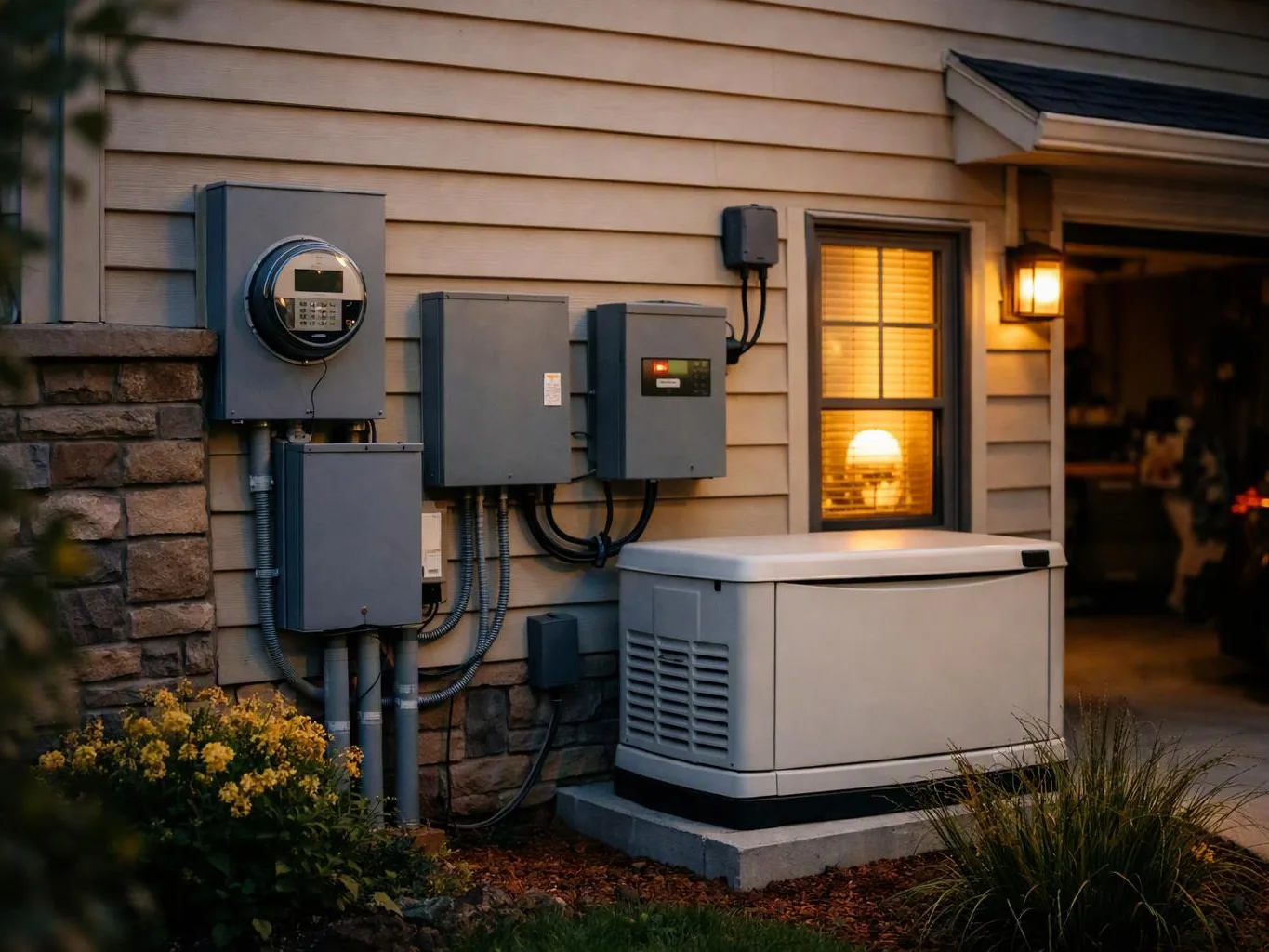 A house exterior shows electrical boxes, a meter, and a backup generator beside a lit window and garage opening