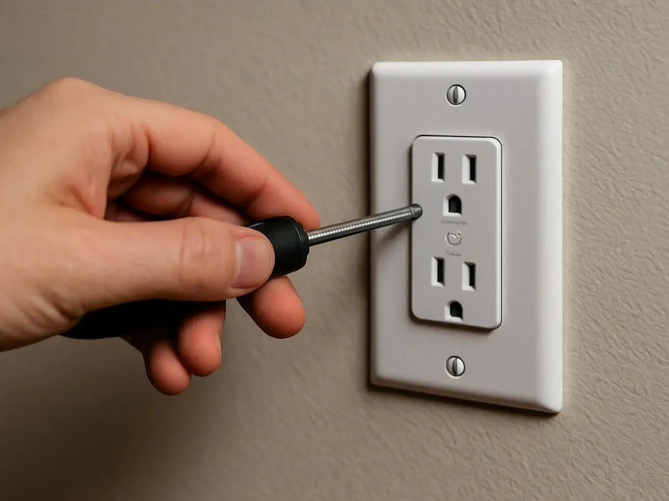 Hand uses a screwdriver to adjust a white wall outlet plate against a beige wall