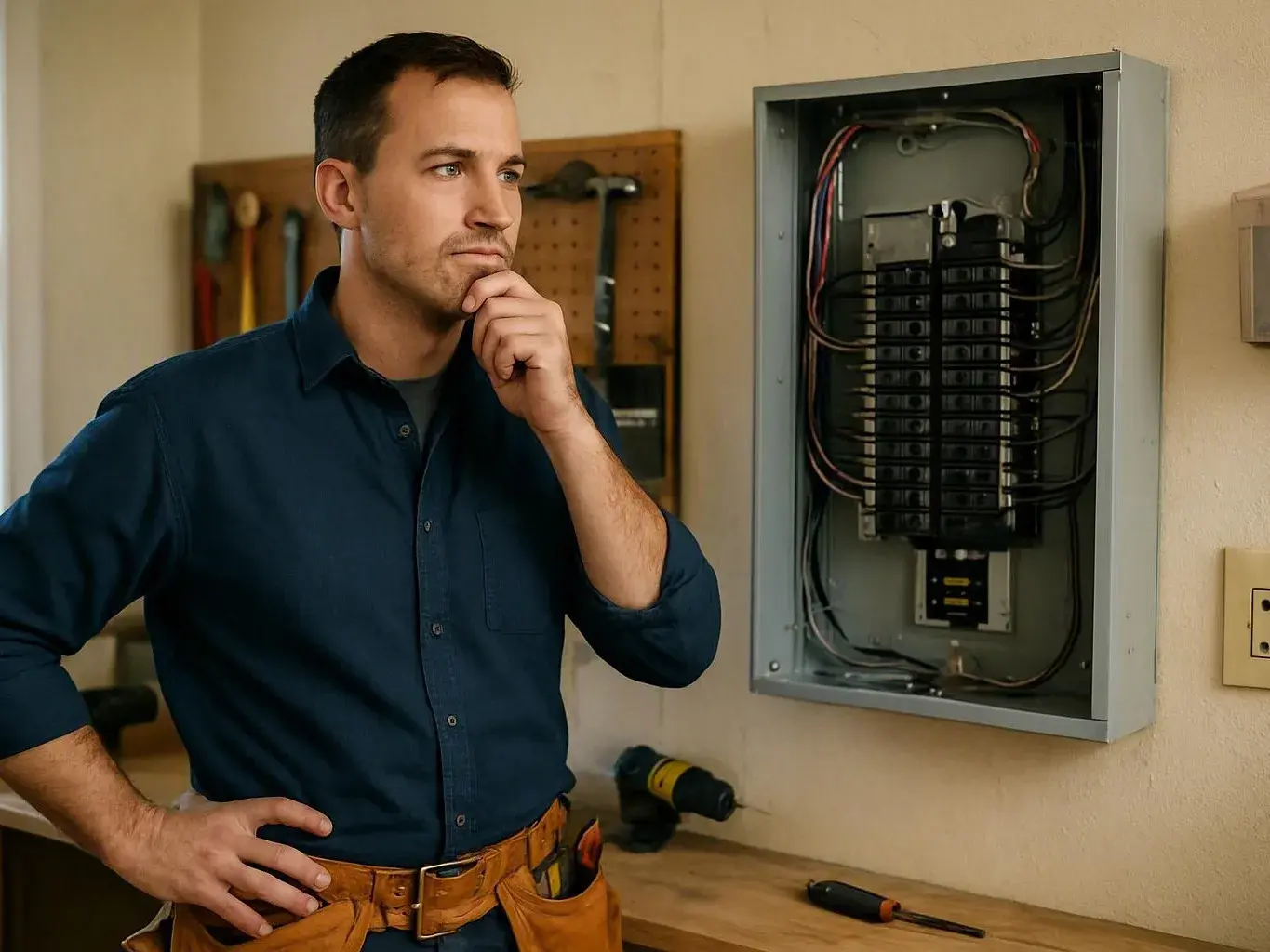 Electrician examines an open breaker panel in a workshop beside tools on a workbench