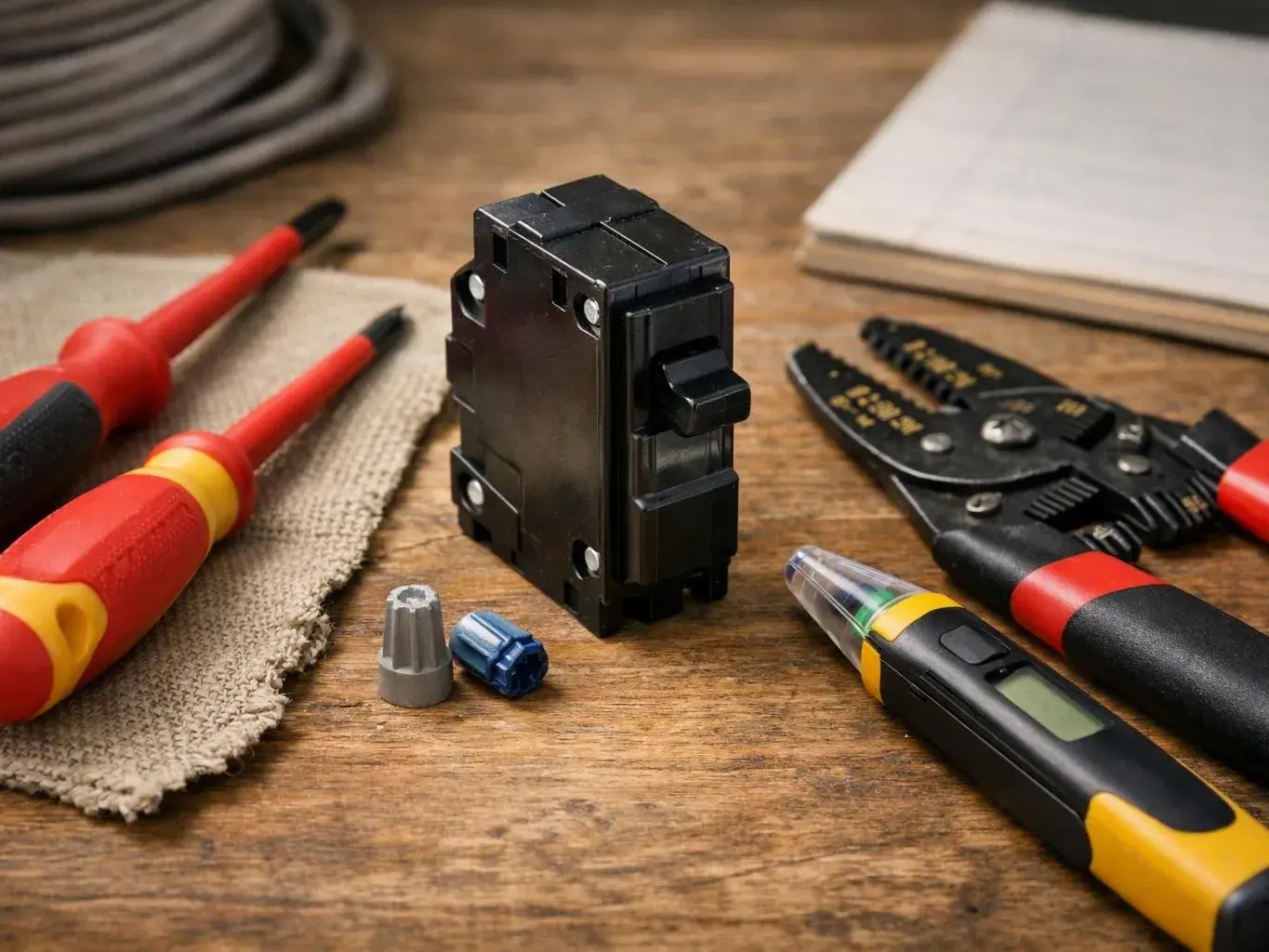 Black circuit breaker rests beside screwdrivers, wire strippers, tester pen