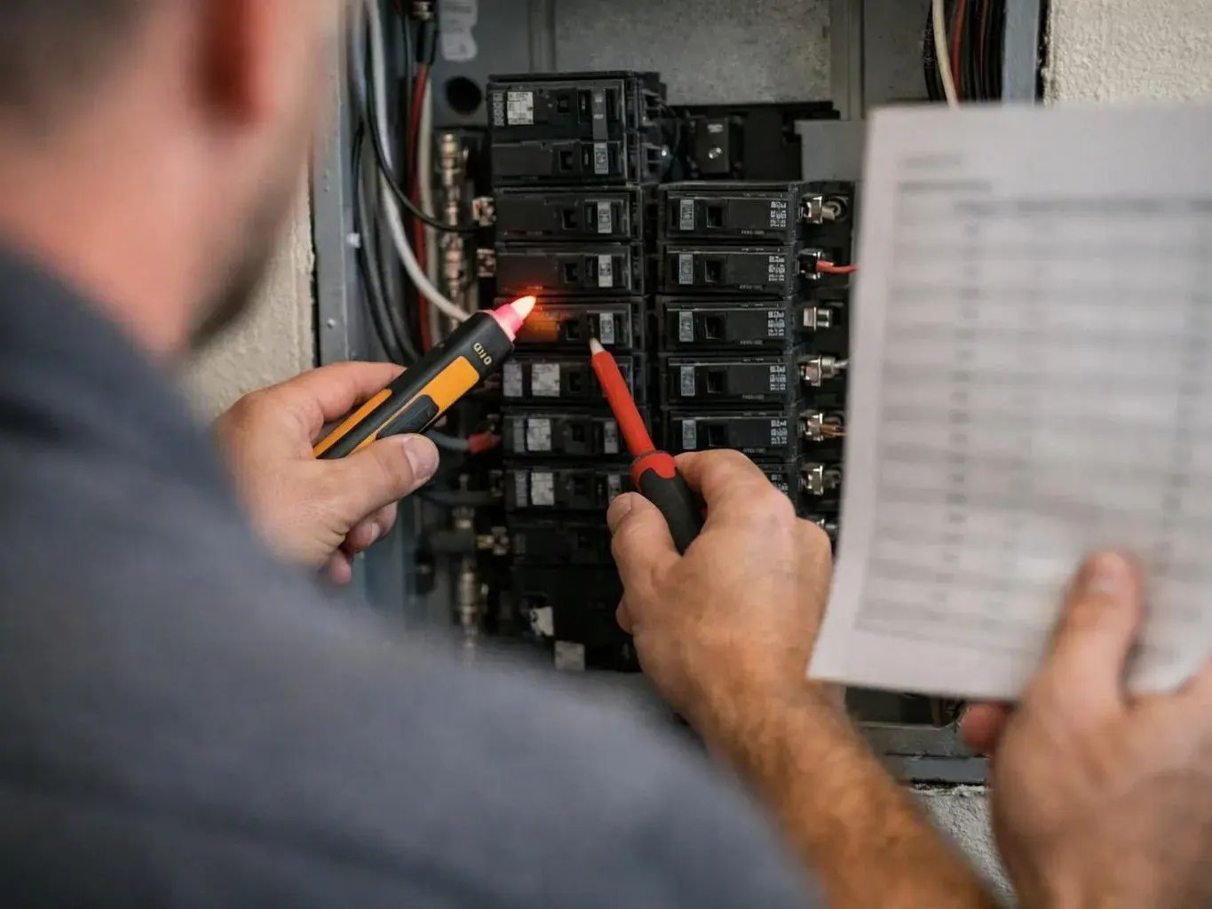 A technician tests a breaker panel with a glowing voltage tester while holding a checklist on the right